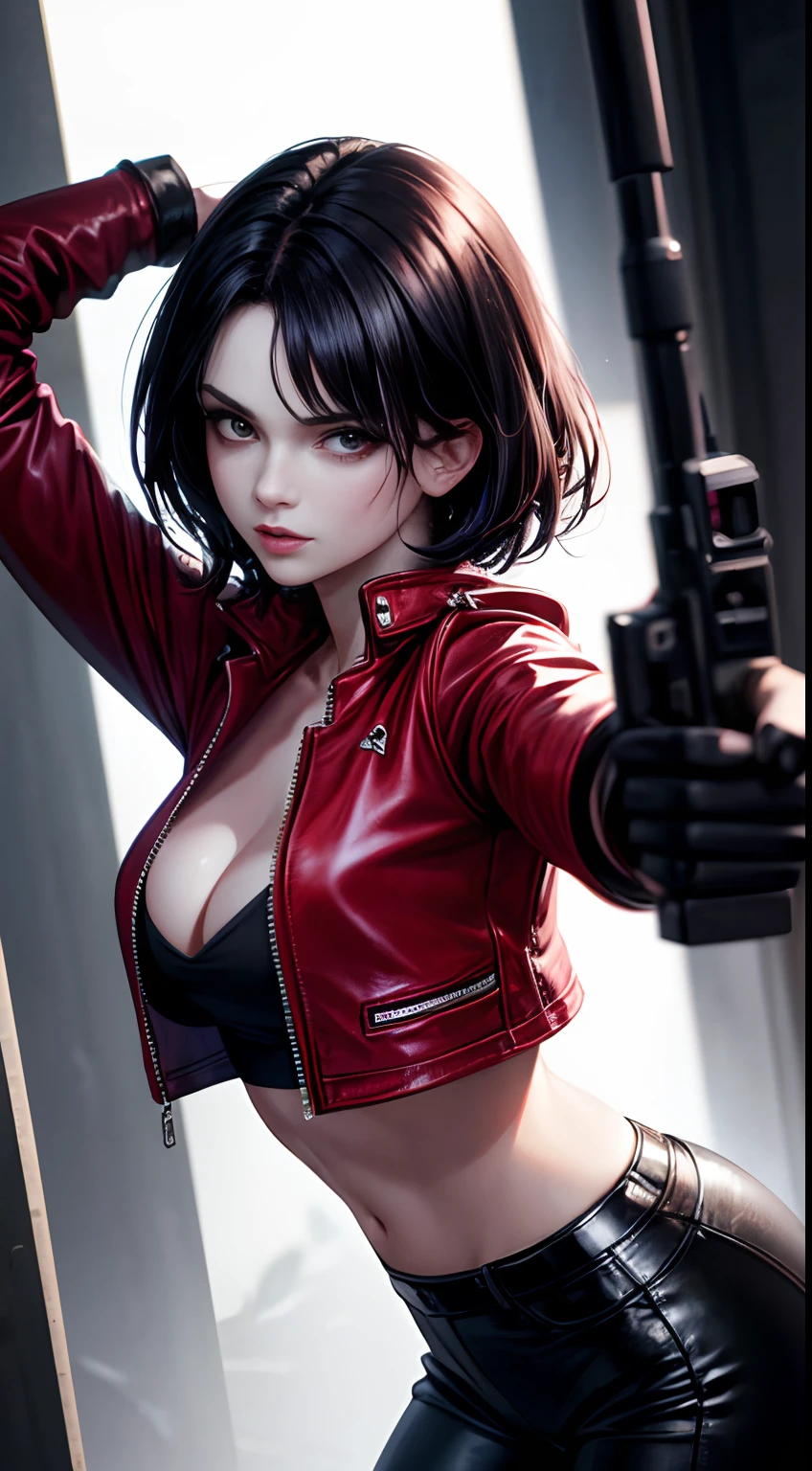 A beautiful 25-year-old British female vampire mercenary,with short black hair, Pale skin, Wearing a red leather jacket and black leggings, Armed with a double pistol, seen from the front, waist up shot, Dynamic pose, Ambient lighting, Photo realism, intricate face details, Intricate hand details, Highly detailed, Vibrant colors, Cinematic, High definition, Popular on art stations - original style