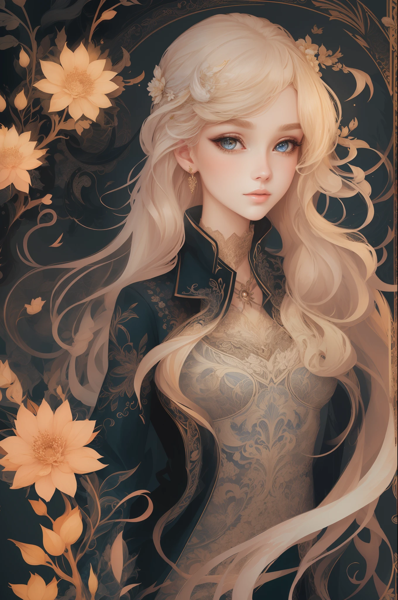 （（Gorgeous 18-year-old princess）），（She has long flowing blonde hair），（Bright and beautiful eyes），trendding on artstation，Flowers of hope，ultra-detailliert，insanely details, Amazing, complex, elite, Art Nouveau, a gorgeous, Dreamy，Liquid wax, elegant, Luxurious, Ink style, a sticker, Vector art beautiful character design, Dual exposure shooting, Luminous design, winning artwork, tmasterpiece, AMOLED black background,optic