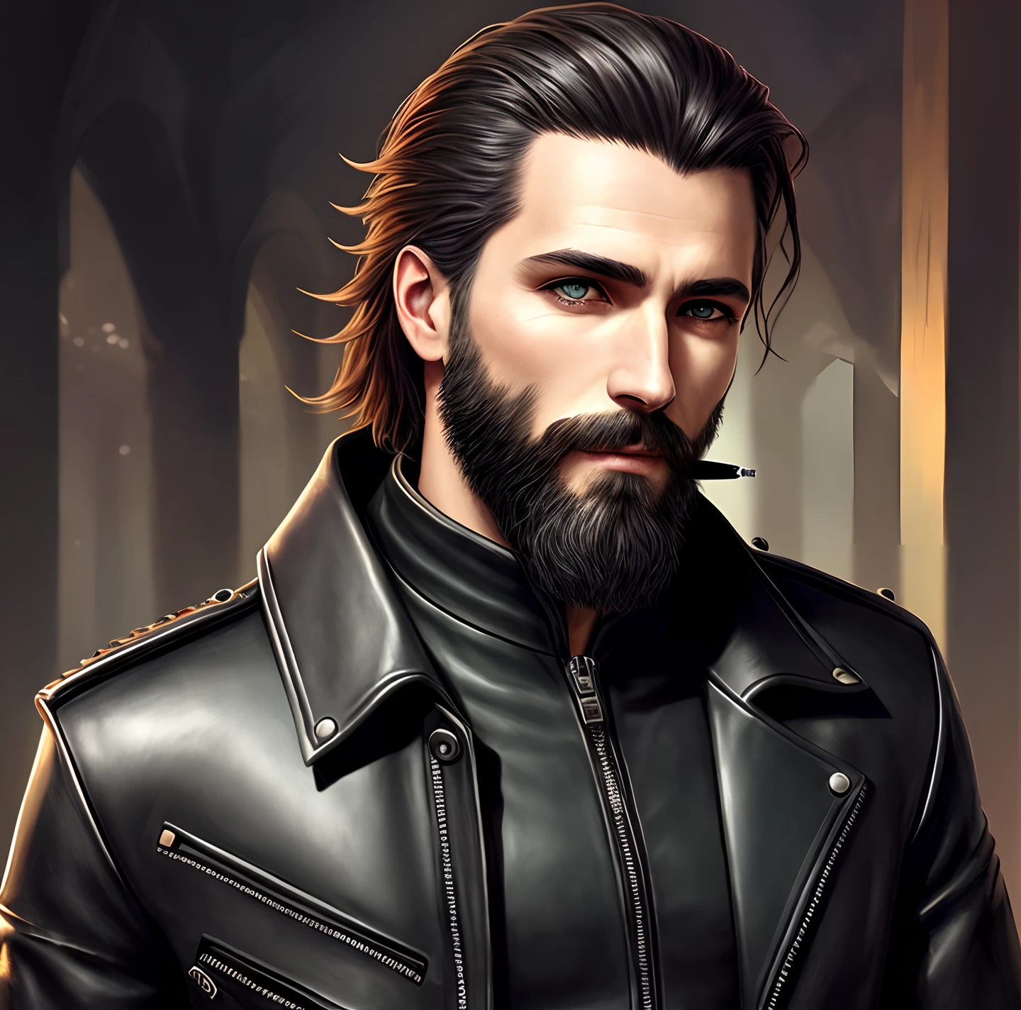There's a man with a beard and leather jacket smoking a cigarette, retrato detalhado do caractere, retrato da arte do personagem, irreal 5. retrato de RPG, retrato masculino da fantasia, retrato do livro do RPG, epic RPG portrait, RPG retrato arte conceitual, Epic portrait illustration, um retrato de personagem, arte do retrato do personagem, epic character portrait, RPG_retrato, retrato de RPG, retrato da arte do conceito do personagem