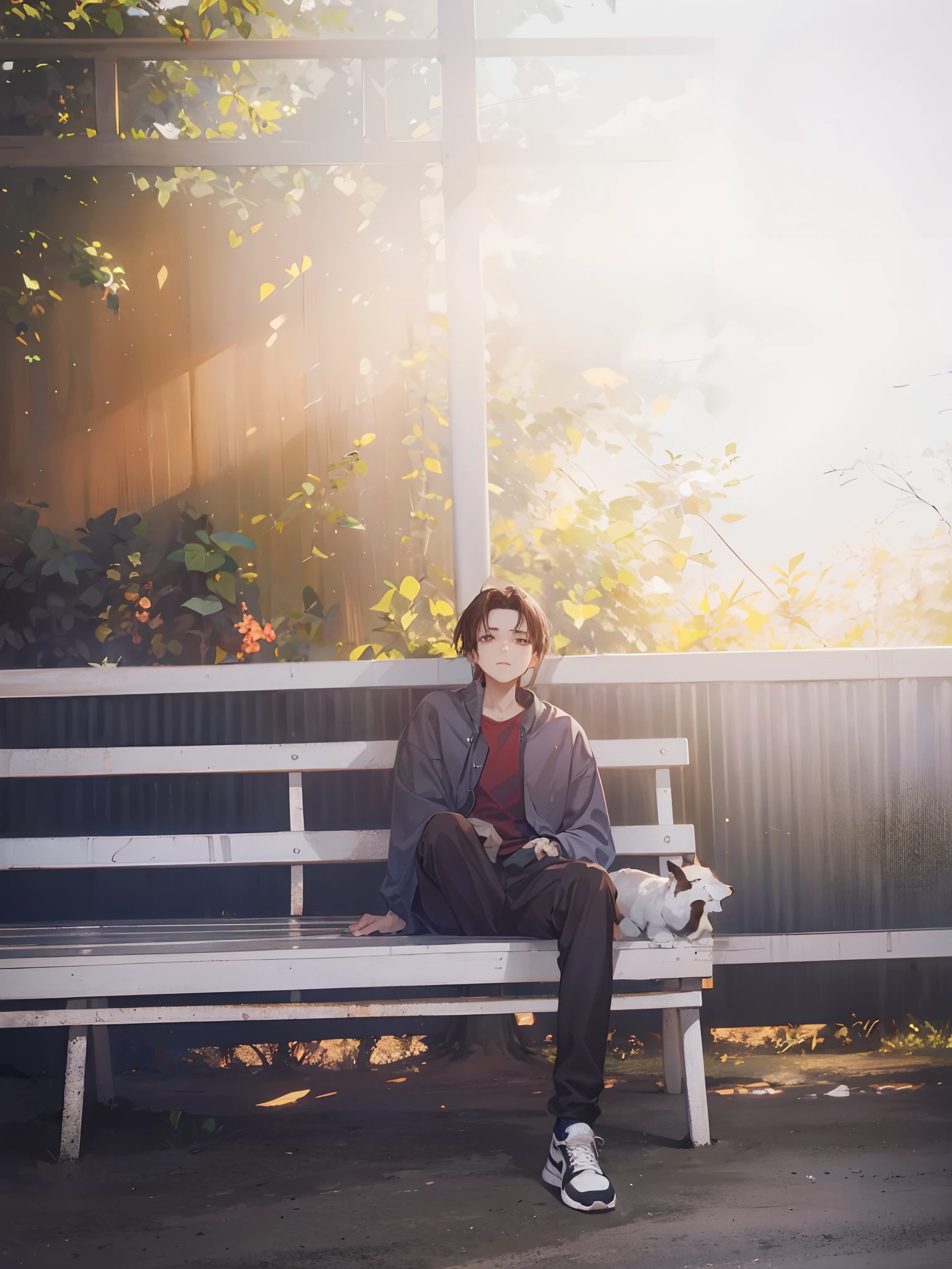 (absurderes,A high resolution,ultra - detailed,HDR),tmasterpiece,best qualtiy,1boy,独奏,handsome,dark brown hair,Fine eyes and detailed face,forehead,((Loose red five-star T-shirt)),(shorter pants)),athletic sneakers,(Pale and white skin),looki at viewer,Ear stitching,,expressiveless,sitting on a bench,Park in the background,full-body view