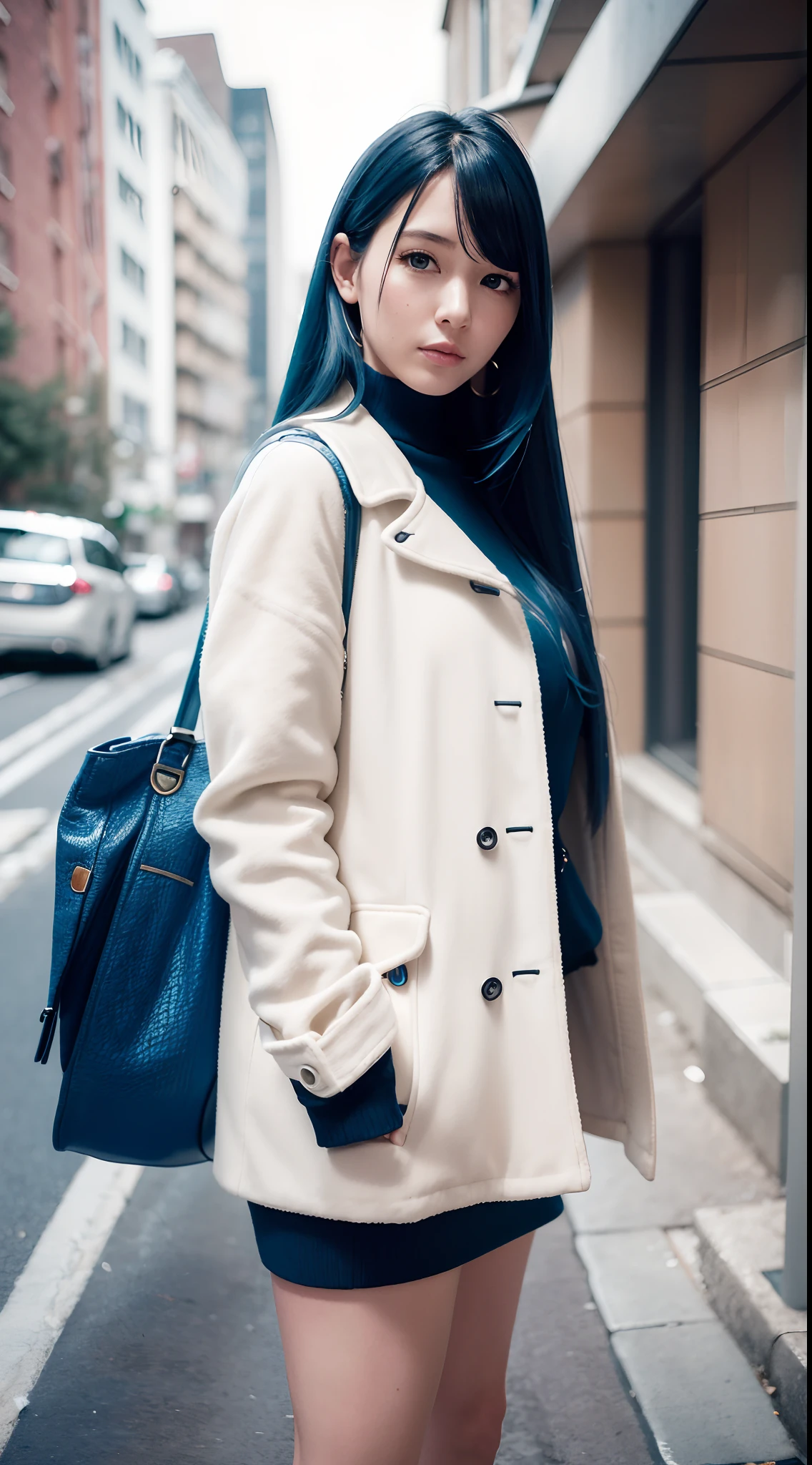 (Best quality,4K,8K,A high resolution,Masterpiece:1.2),Ultra-detailed,(Realistic,Photorealistic,photo-realistic:1.37),Long-range shooting,Blue-haired woman,Hair falls on the left shoulder,Wears a white trench coat lined in red, blackminiskirt,Patterned stockings,High heels,Walking on the street,Portrait,conceptual art,Blurred background,Soft lighting,Vivid tones