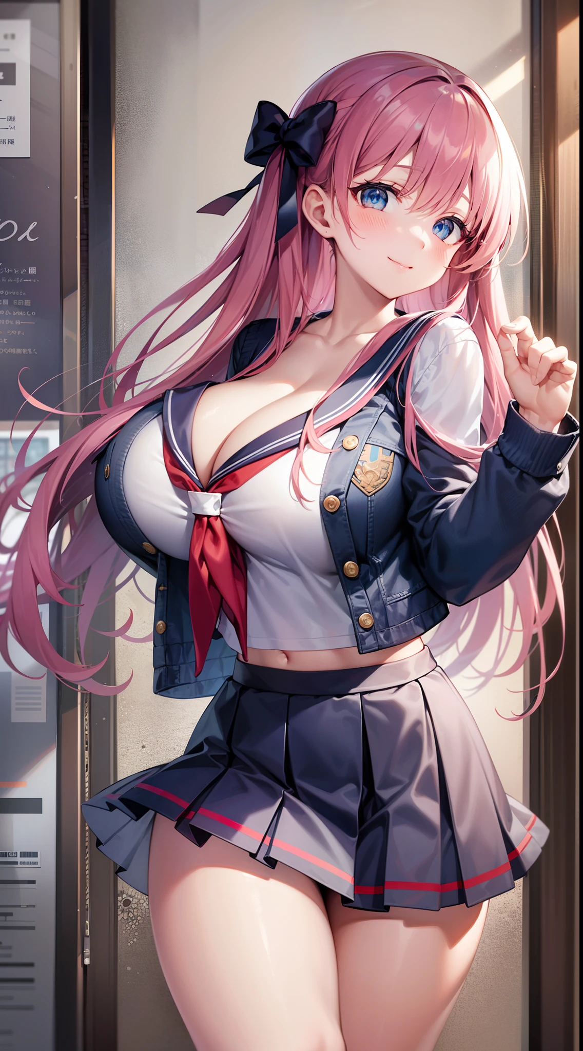 nodokaharamura, Nodoka Haramura, Blue eyes, Hair Bow, Long hair, Pink hair, Bow,
Blake Blue Skirt, Kiyosumi school uniform, Pleated skirt, School uniform, serafuku, Skirt,
BREAK looking at viewer,
Break indoors, crass room,
BREAK (masutepiece:1.2), Best Quality, High resolution, Unity 8k壁纸, (Illustration:0.8), (Beautiful detailed eyes:1.6), extra detailed face, Perfect Lighting, extremely details CG, (Perfect hands, Perfect Anatomy),seductive smile,gigantic breasts,from below,cleavage of the breast