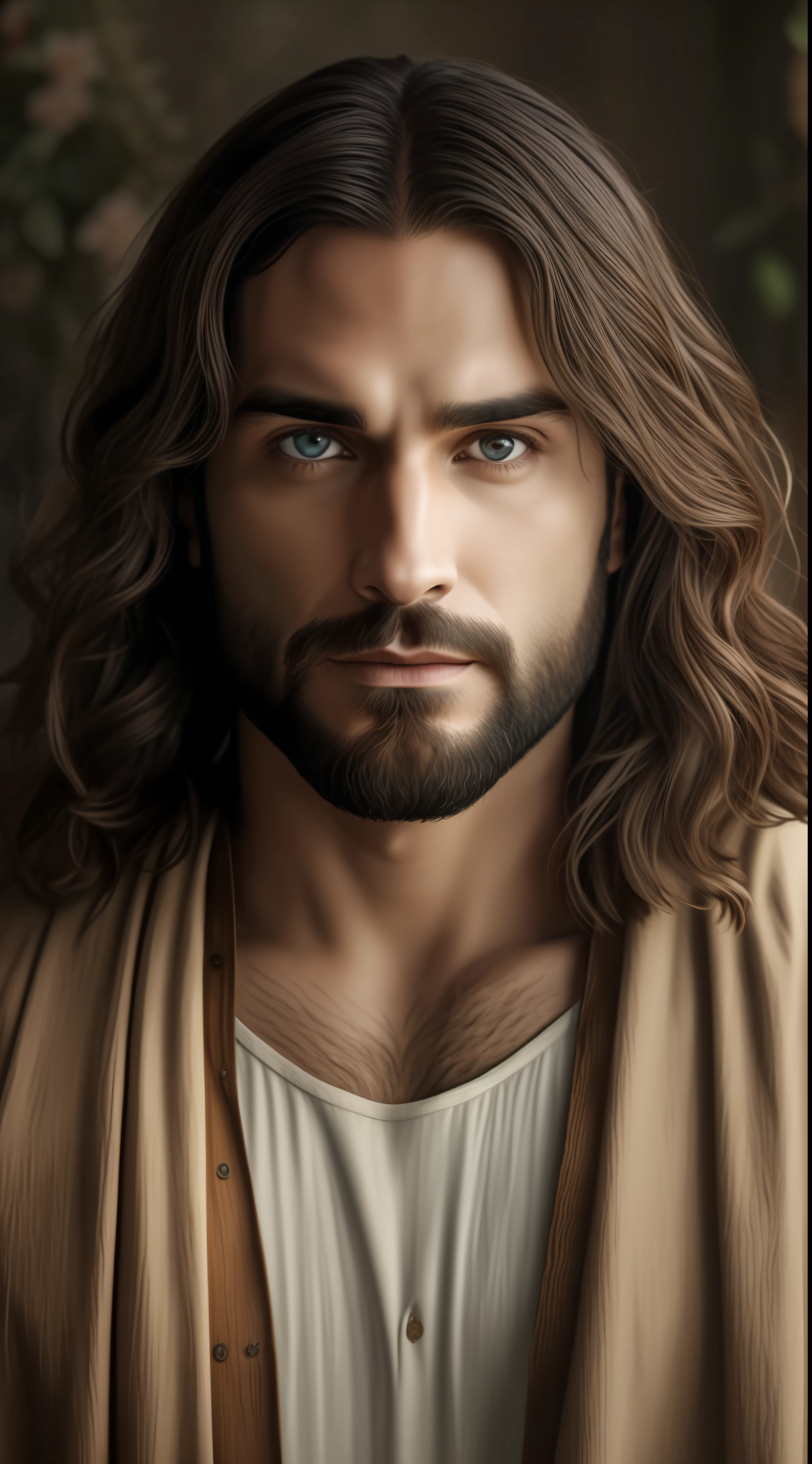 Seth Rollins as Jesus Christ, focus on the details of the face, similar to seth rollins, wearing long beige tunic of Jesus, Jesus style of the Bible, realistic image, background of the heavenly garden image with animals and flowers, best quality, 8k, focus on the details.