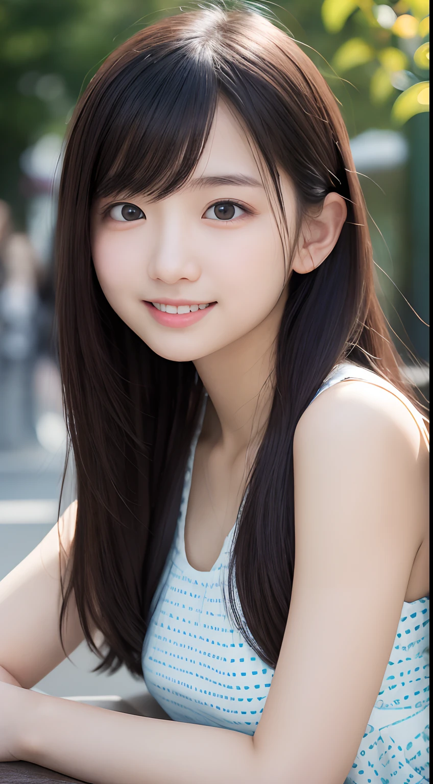 ((glistning skin))、女の子1人、18 year old beautiful girl in Prague、bright expression、with round face、Glossy glossy skin、(Medium Hair)、eye liner、Beautiful bangs、Hair between the eyes、Digital SLR、Soft light、hightquality、natural soft light、Looking at the camera, Soft smile