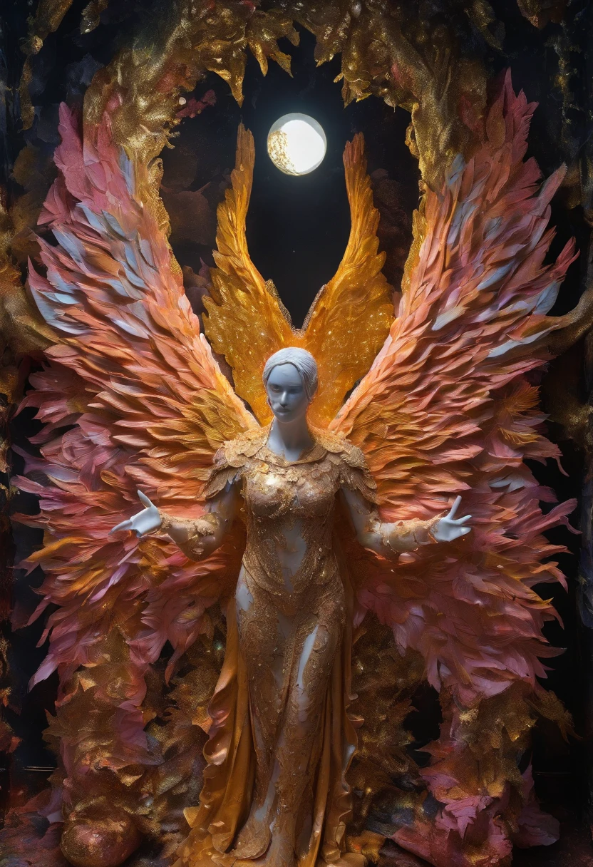 Cosmic Fallen Angel, glowing light eyes, Biomechanical, eerie, Creepy, nightmarish, Very bright colors, Light particles, with light glowing, Mshiv, wallpaper art, UHD wallpaper