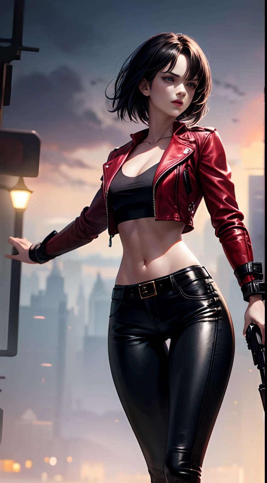 Beautiful 25 year old British female vampire mercenary,with short black hair, Pale skin, Wearing a red leather jacket and black leggings, Armed with twin pistols, seen from the front, waist up shot, Dynamic pose, Ambient lighting, Photo realism, intricate face details, Intricate hand details, Highly detailed, Vibrant colors, Cinematic, High definition, Popular on art sites - original style