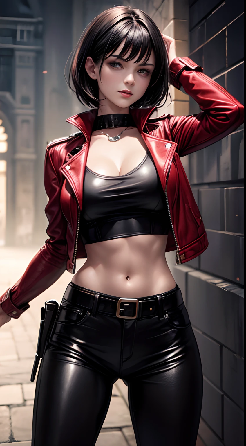 Beautiful 25 year old British female vampire mercenary,with short black hair, Pale skin, Wearing a red leather jacket and black leggings, Armed with twin pistols, seen from the front, waist up shot, Dynamic pose, Ambient lighting, Photo realism, intricate face details, Intricate hand details, Highly detailed, Vibrant colors, Cinematic, High definition, Popular on art sites - original style