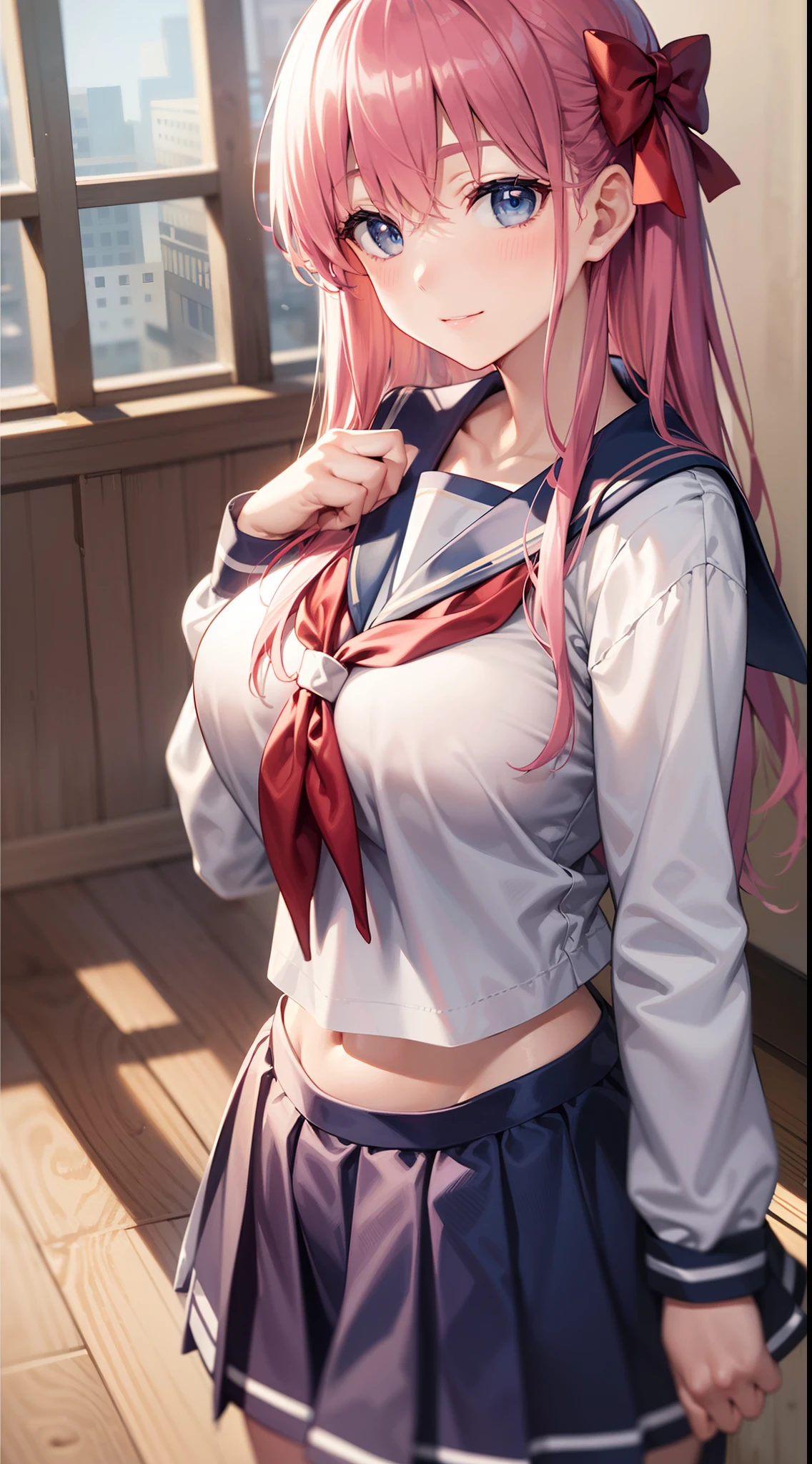 nodokaharamura, Nodoka Haramura, Blue eyes, Hair Bow, Long hair, Pink hair, Bow,
Blake Blue Skirt, Kiyosumi school uniform, Pleated skirt, School uniform, serafuku, Skirt,
BREAK looking at viewer,
Break indoors, crass room,
BREAK (masutepiece:1.2), Best Quality, High resolution, Unity 8k壁纸, (Illustration:0.8), (Beautiful detailed eyes:1.6), extra detailed face, Perfect Lighting, extremely details CG, (Perfect hands, Perfect Anatomy),huge-breasted、eye glass