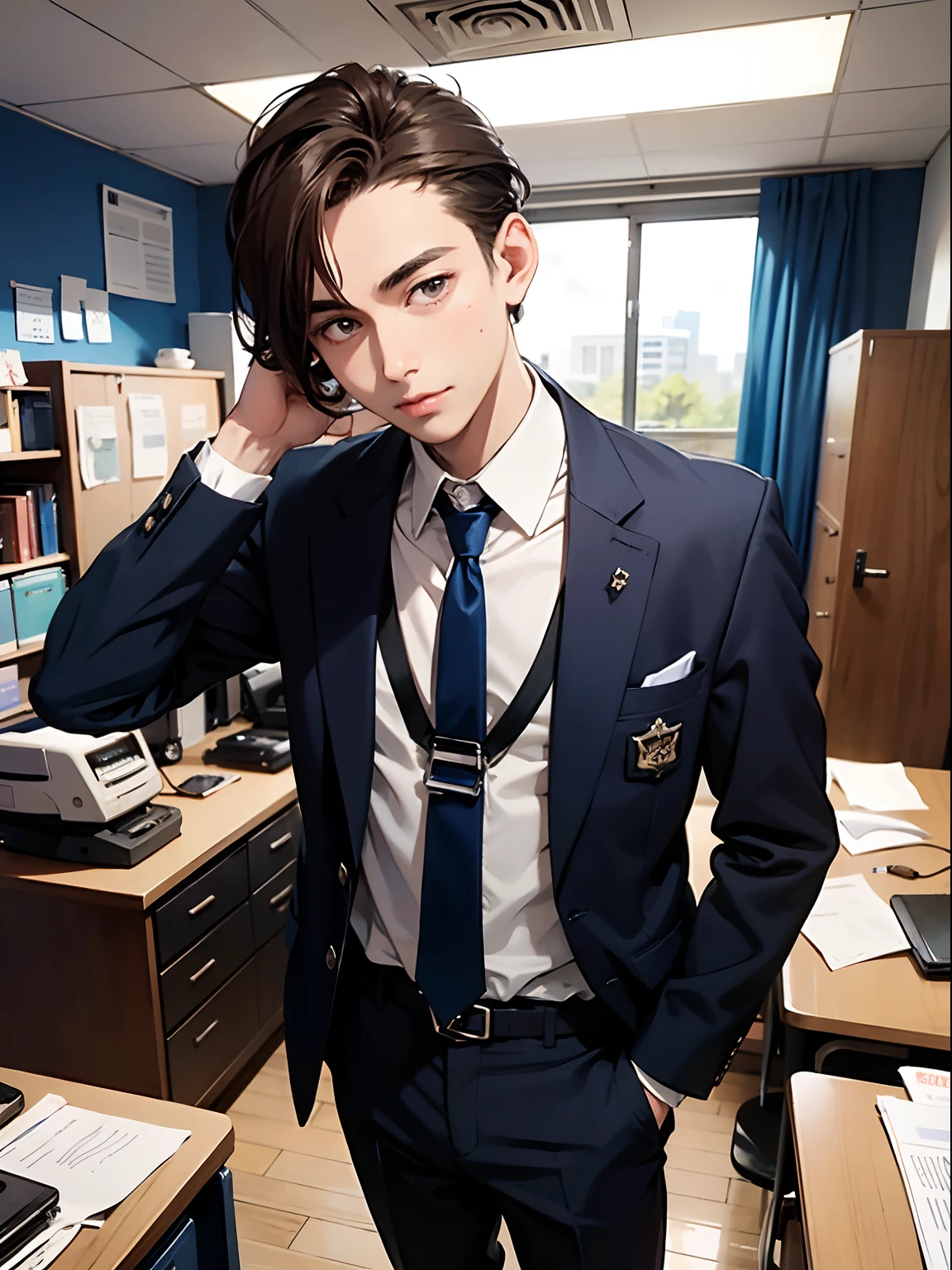 1boy,11 only、(Man's :2),Brown hair、Dark blue suit、Brightly colored ties、Cluttered office、Natural lighting、hightquality、masutepiece,8K,hight resolution、