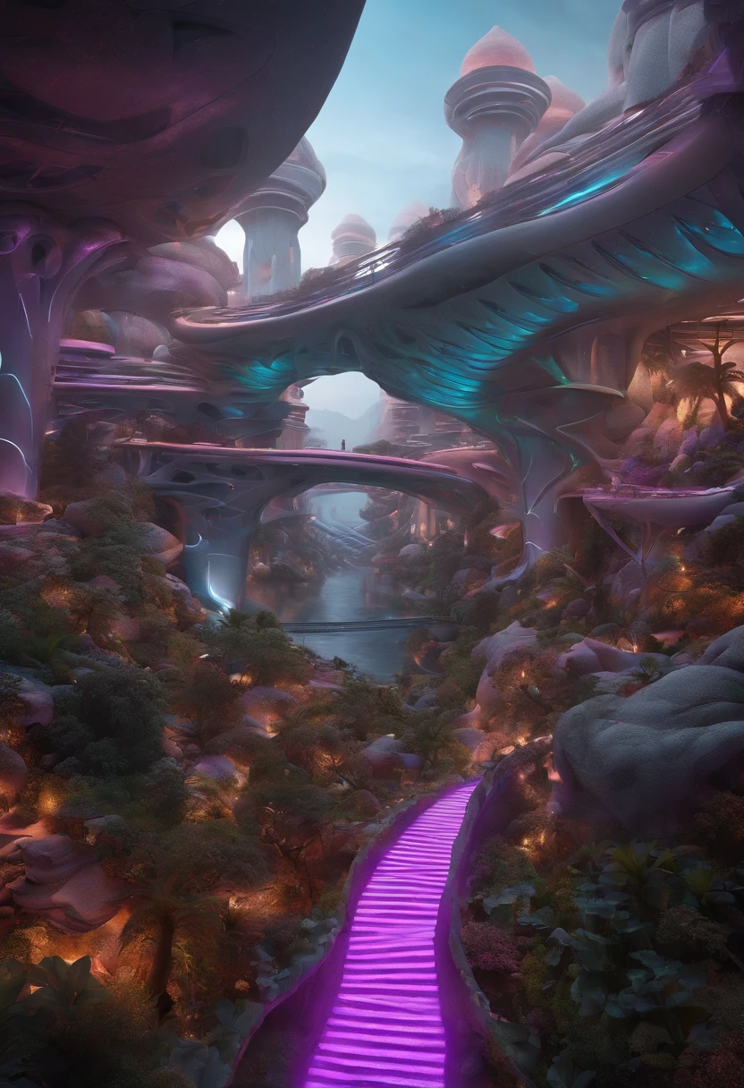 futuristic foam city, futuristic foam buildings, futuristic foam bridge, kundalini, hyper realistic, fantasy
