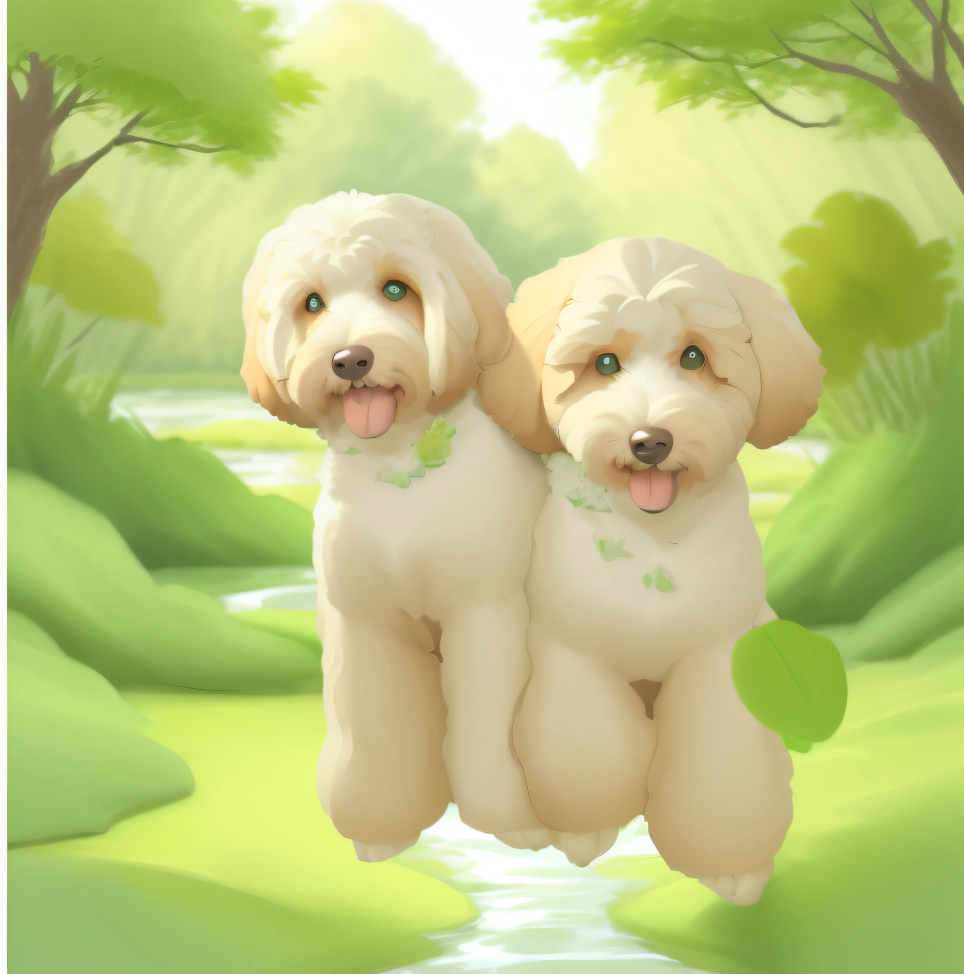 Make a cute picture book illustration of Leafa and Maple of Australian Labradoodles playing together in a fresh green marshland.。
Leafa has a white body and caramel ears,、Maple is a full-body cream-colored Australian Labradoodle。