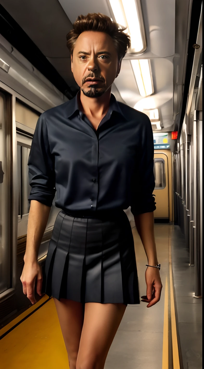 ((Robert Downey as a 14 year old pre-teen girl)), long blouse, tiny pleated skirt, waist-high black tights, high heels, full body photo, very fair skin, shaved hair, busy train car, photorealistic, indirect lighting, volumetric light, ray tracing, hyperdetailed