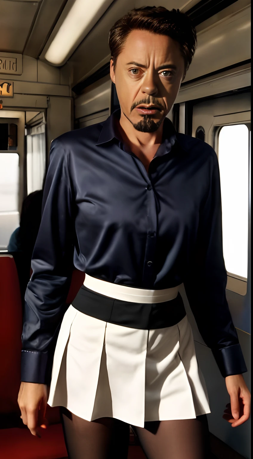 ((Robert Downey as a 14 year old pre-teen girl)), long blouse, tiny pleated skirt, waist-high black tights, high heels, full body photo, very fair skin, shaved hair, busy train car, photorealistic, indirect lighting, volumetric light, ray tracing, hyperdetailed