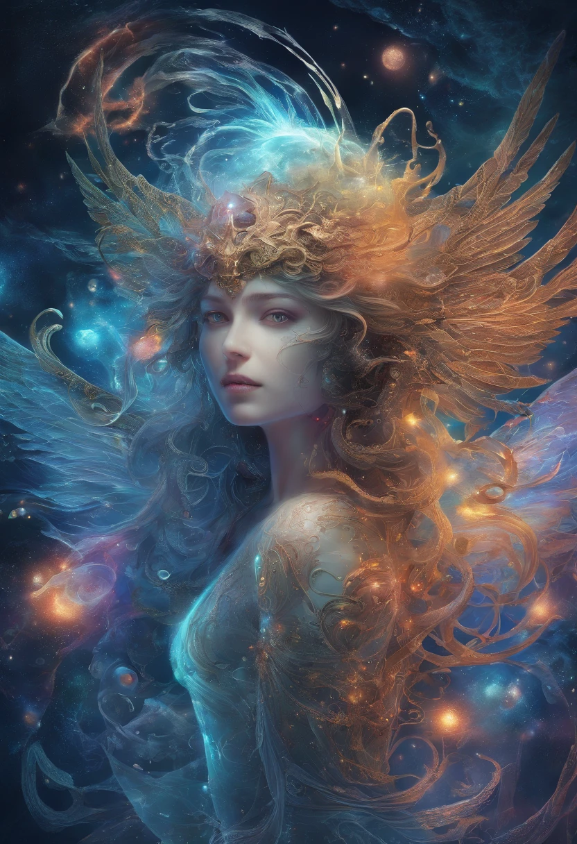 Cosmic Fallen Angel, glowing light eyes, Biomechanical, eerie, Creepy, nightmarish, Very bright colors, Light particles, with light glowing, Mshiv, wallpaper art, UHD wallpaper