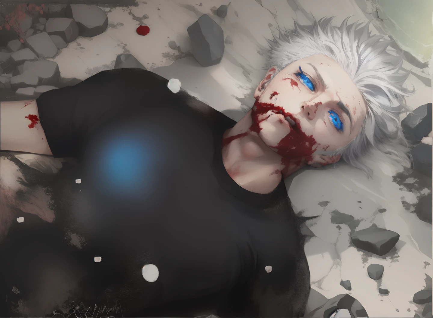 (ANIME ART STYLE),Man lying on ground, wearing black tshirt, white hair, blue eyes, blood in mouth and face, rock ground,