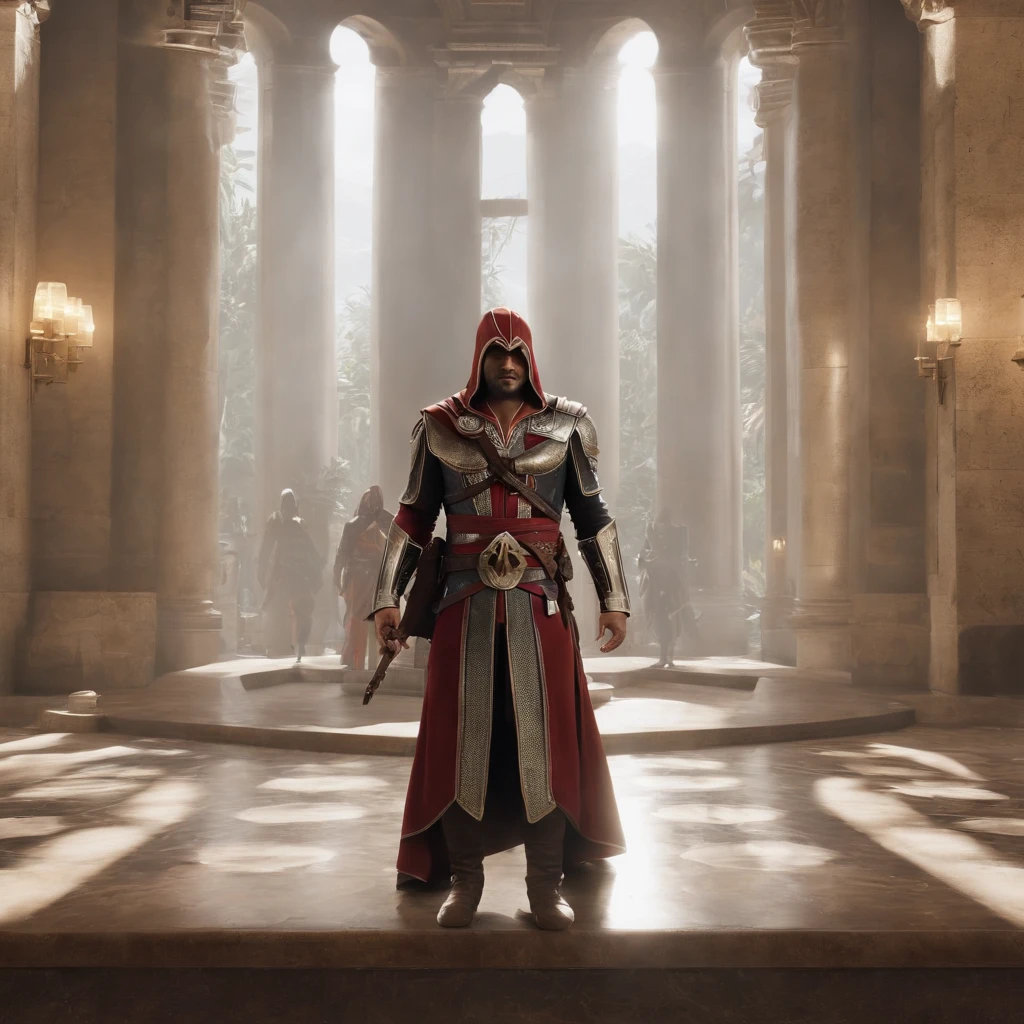 In the temple of knowledge, libraryai，Two huge sculptures stand out in the center of the room。Assassin's Creed related，Character avatars about the Assassin's Creed game，Assassin's Creed，Powerful, dynamic styling，