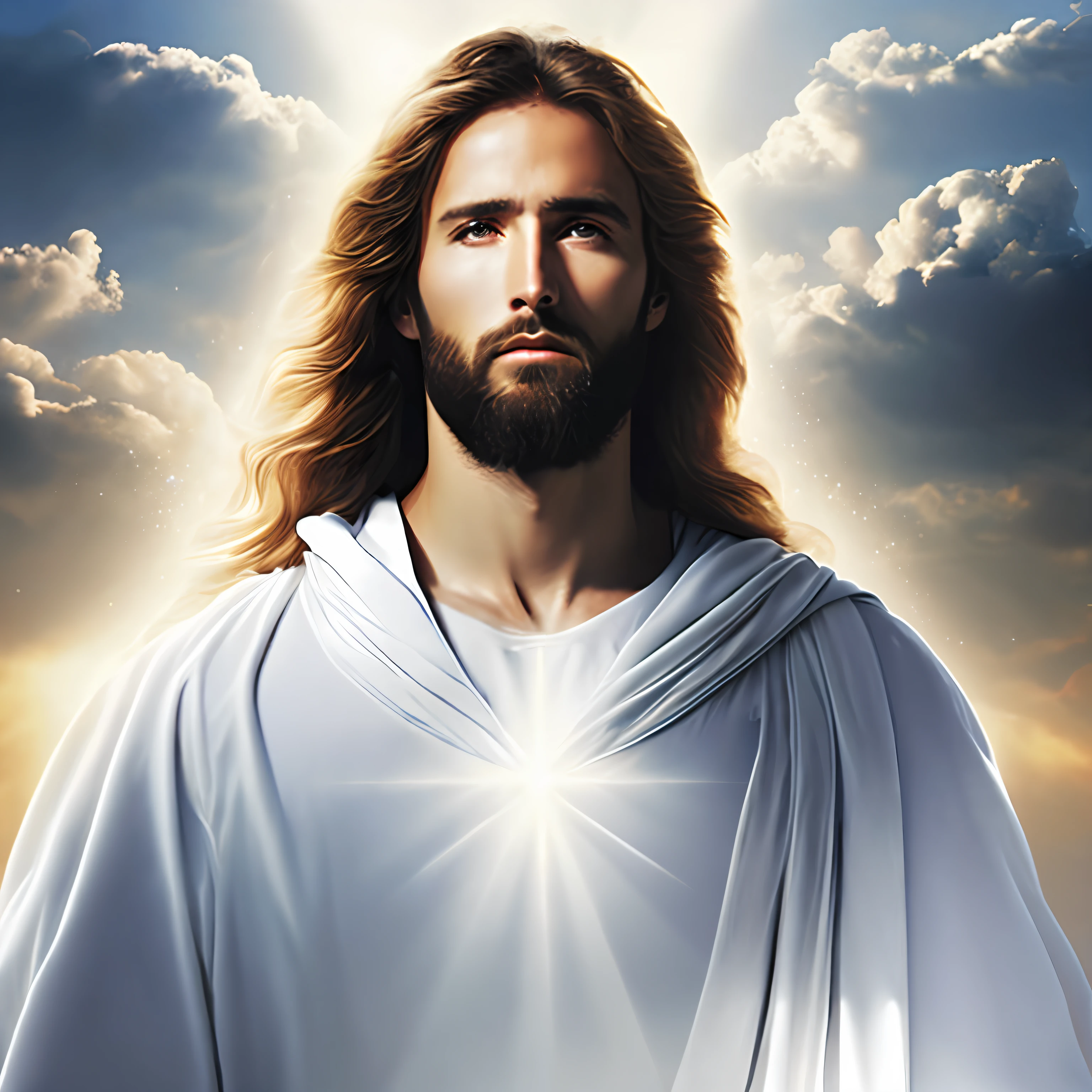 Jesus Christ in humble white clothes in the clouds toward the gates of heaven, insanely realistic with rays of light on his face