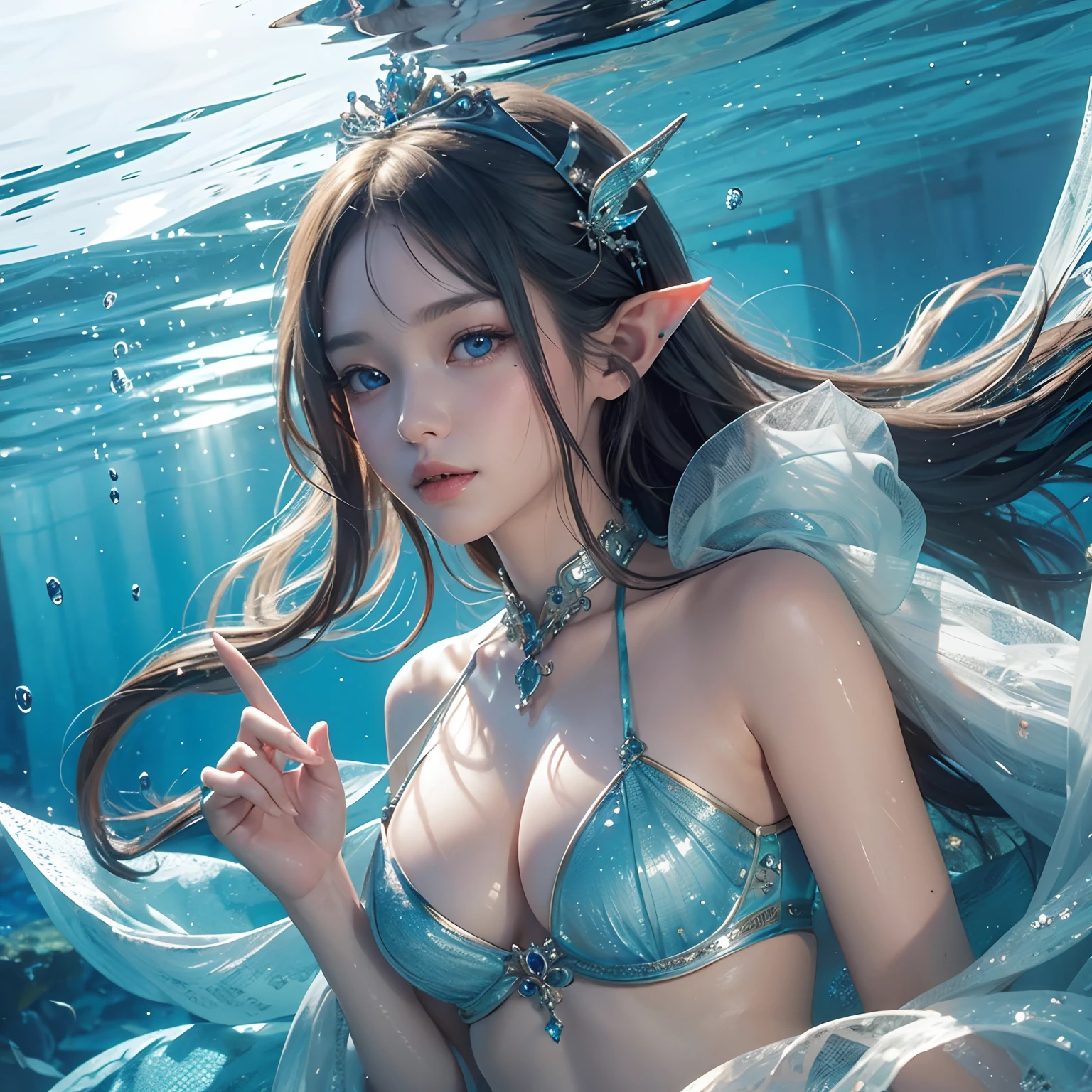 (​masterpiece:1.4)、1girl in,hight resolution,  High quality,  masutepiece, mermaids、mermaid、under the water、crystal clear ocean、Wet skin、Engaging pose、Super Detail Face、A detailed eye、Eye of Detail、A detailed face、二重まぶた、cleavage of the breast:1.2、A Princess、elf-ears