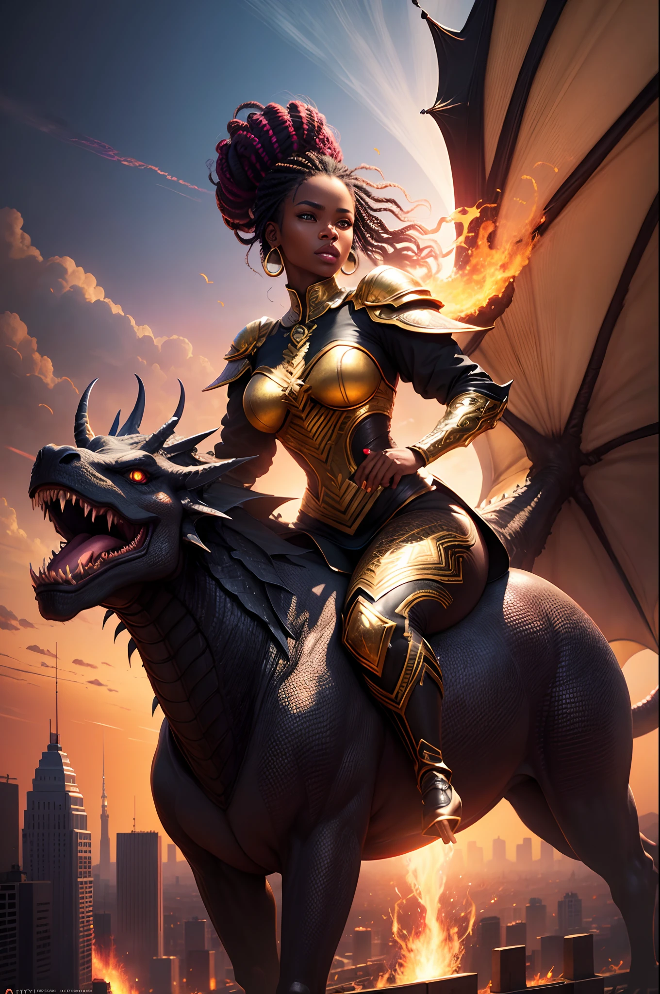 A black woman wearing african designed clothes riding a fierce fire breathing dragon above an african city, bright day shining beautifully, with iridescent light, hyper-realistic image, 32k, ultra HD, cinematic lighting, artgerm style, highly detailed images, vibrant and beautiful colours,