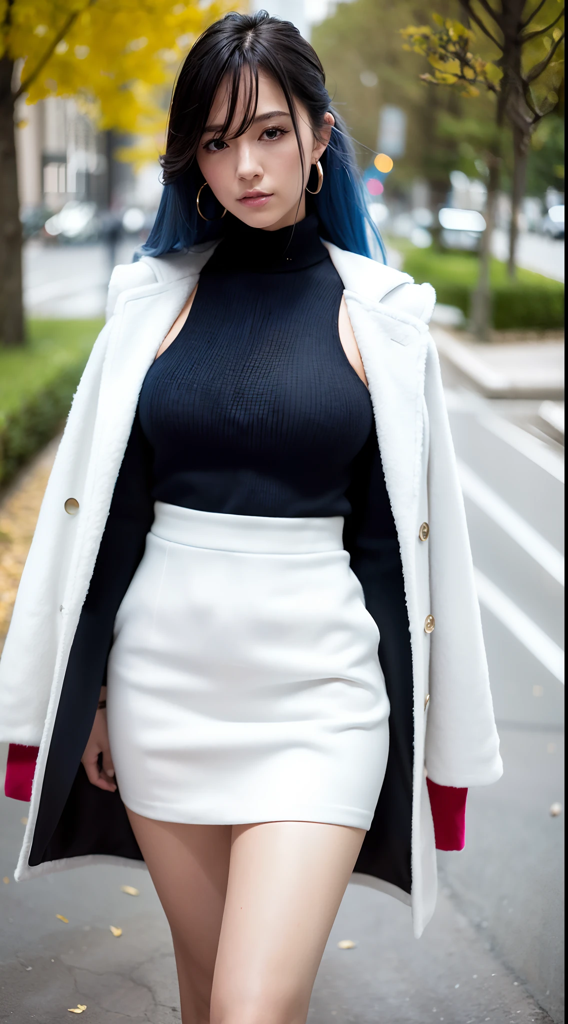 (Best quality,4K,8K,A high resolution,Masterpiece:1.2),Ultra-detailed,(Realistic,Photorealistic,photo-realistic:1.37),Long-range shooting,Blue-haired woman,Hair falls on the left shoulder,Wears a white trench coat lined in red, blackminiskirt,Patterned stockings,High heels,Walking on the street,Portrait,conceptual art,Blurred background,Soft lighting,Vivid tones
