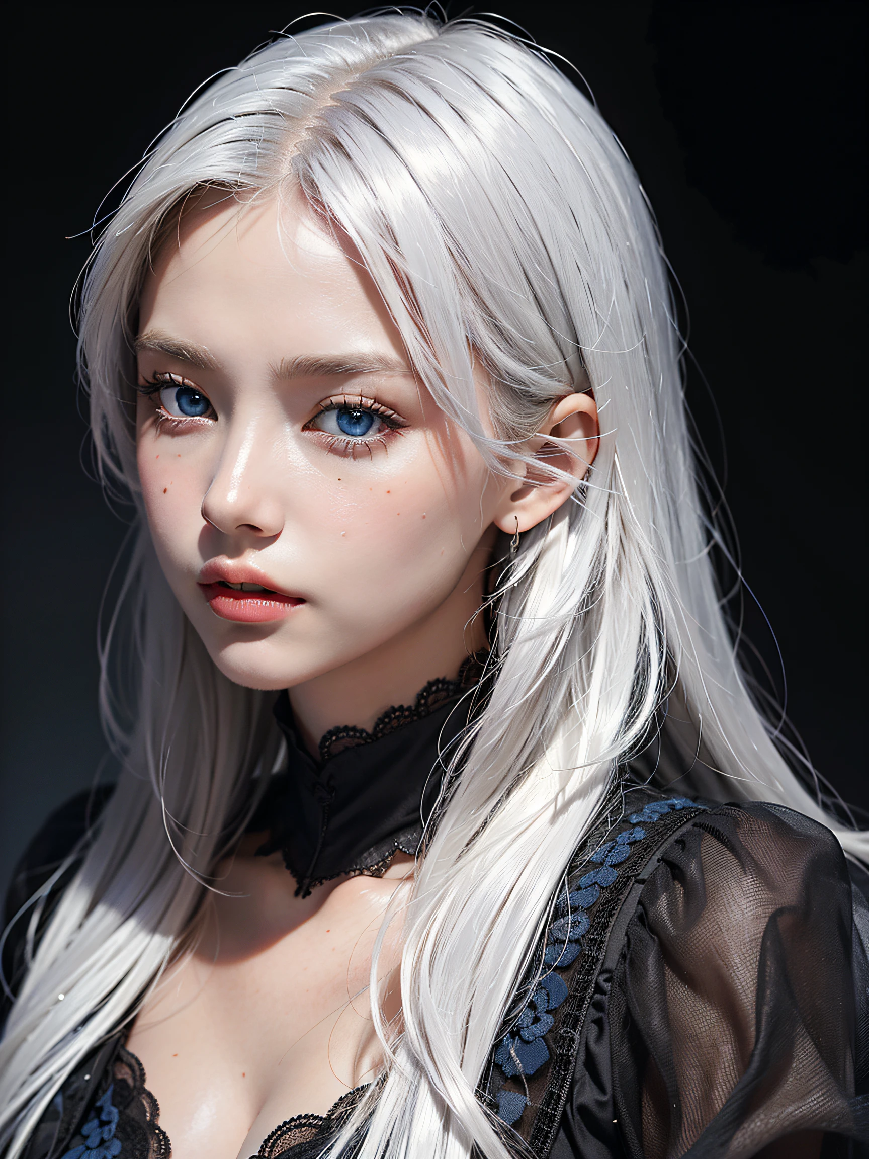 masterpiece, photorealistic,portrait,wearing black dress,and white hair,blue eyes