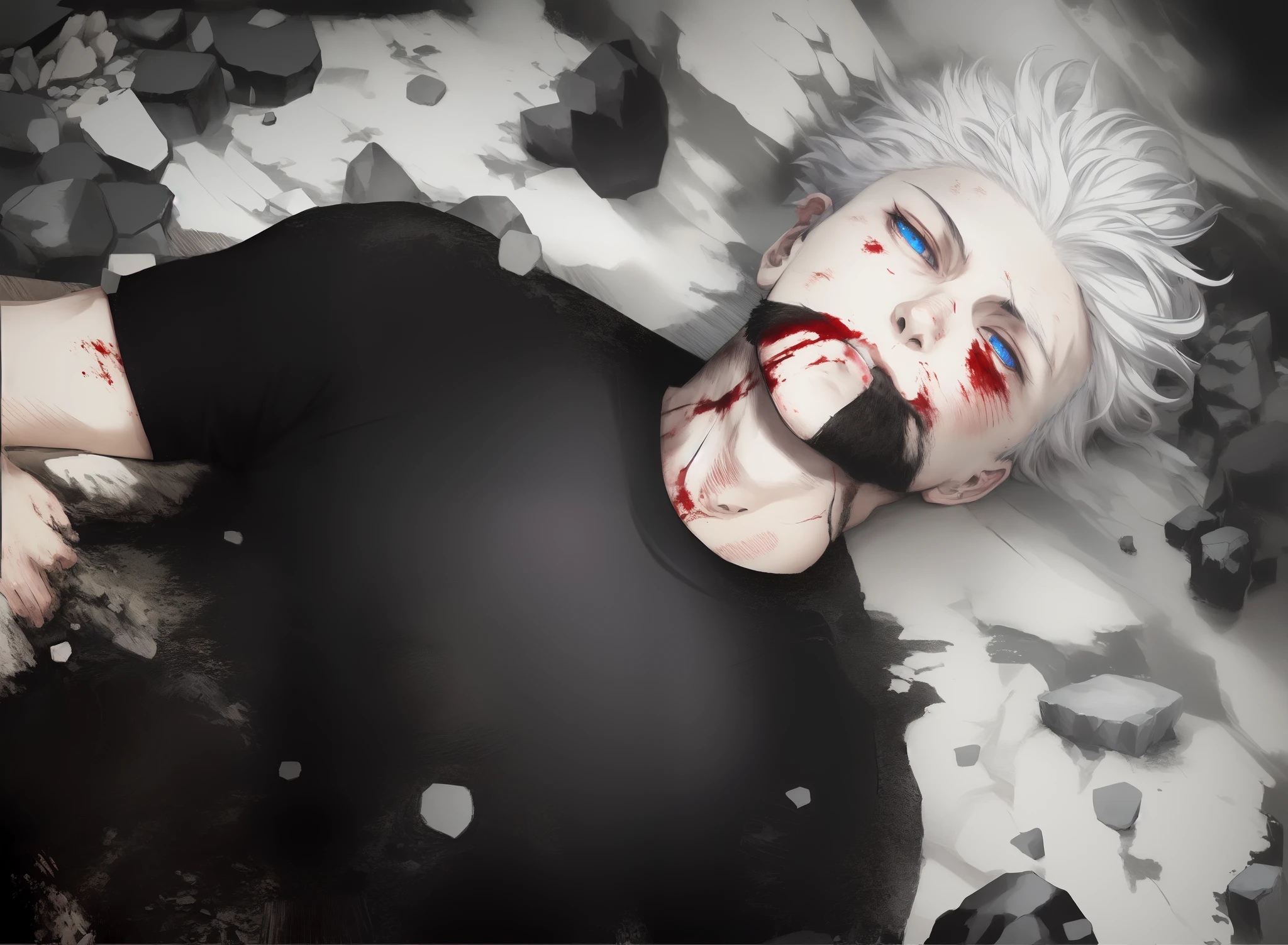 (ANIME ART STYLE),Man lying on ground, wearing black tshirt, white hair, blue eyes, blood in mouth and face, rock ground,