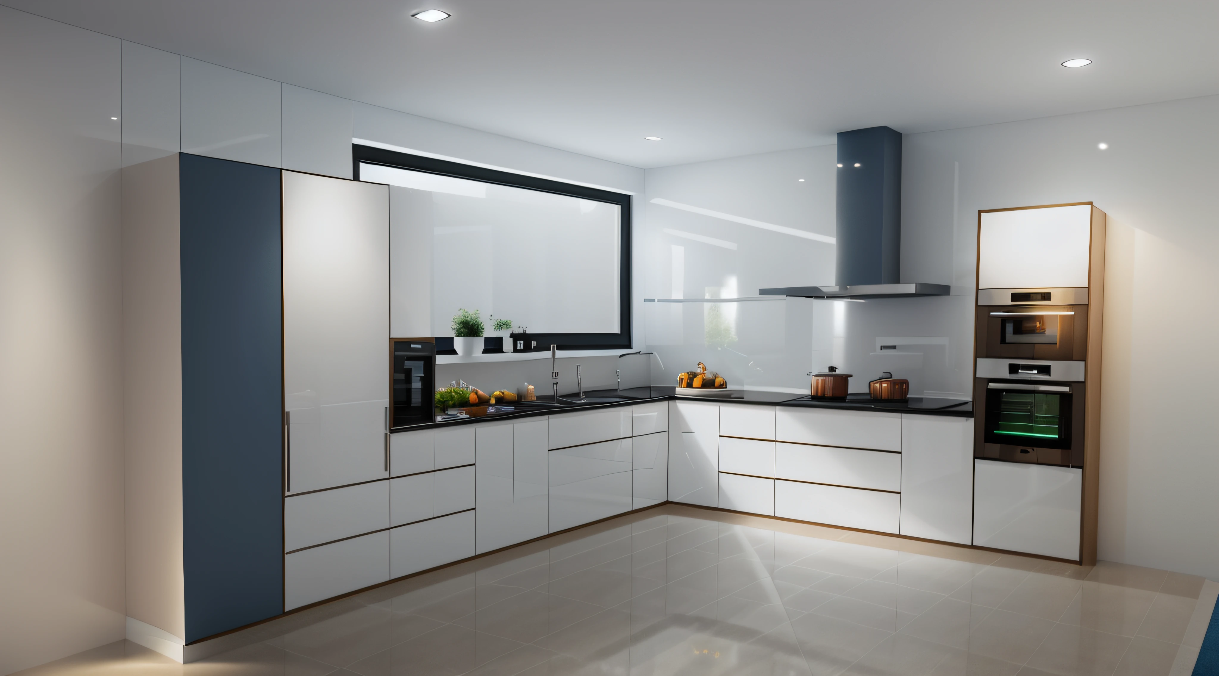minimalist kitchen, glossy oak panel, (((glass window))), light from window, glossy mable floor,kitchen appliance,sink, faucet,long kitchen cabinets, archdaily architecture, , 8k uhd, dslr, soft light, high quality, film grain, Fujifilm XT3, food and drinks, (((white wall))),((sharp lines)),plaster ceiling,(((blue lower kitchen cabinets))),White upper kitchen cabinets,(rough wall), (nighlight), cinematic lighting,