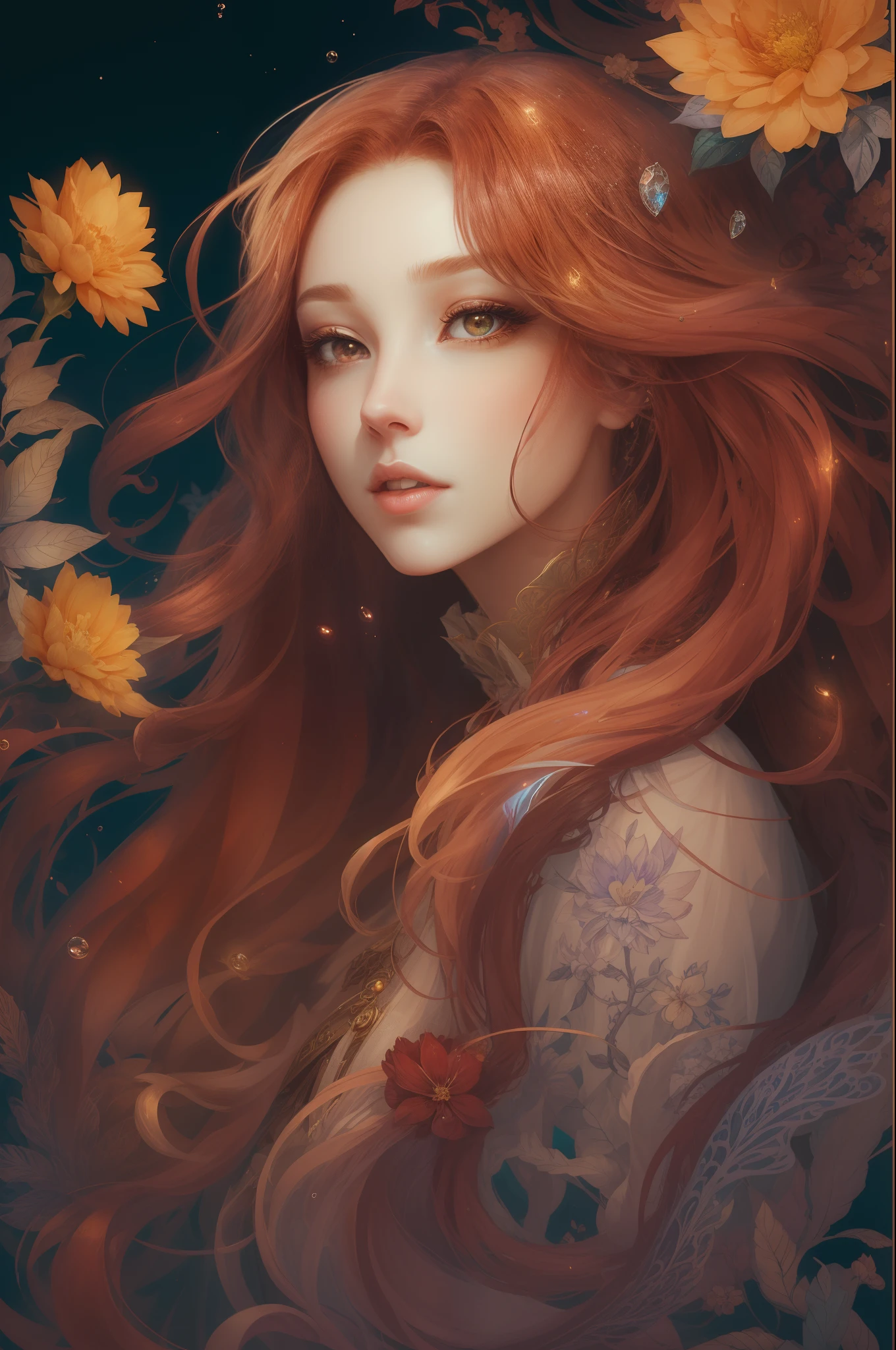 （（Gorgeous 18-year-old princess）），（She has long flowing brownish-red hair），（Bright and beautiful eyes），trendding on artstation，Flowers of hope，ultra-detailliert，insanely details, Amazing, complex, elite, Art Nouveau, a gorgeous, Dreamy，Liquid wax, elegant, Luxurious, Ink style, a sticker, Vector art beautiful character design, Dual exposure shooting, Luminous design, winning artwork, tmasterpiece, AMOLED black background,optic