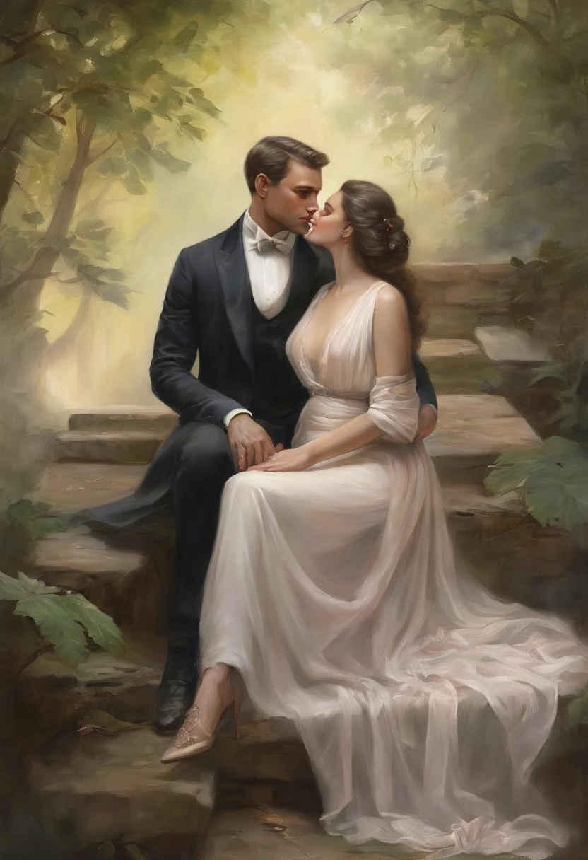 The man at the bottom is standing, Gives a flower, The woman, Sitting on the ledge, Flowers, Long flowing fabric for dress, clear facesMagalie Villeneuve, magali villeneuve', inspired by Magali Villeneuve, graphic artist magali villeneuve, magali villeneuve and monet, charlie bowater and artgeem, Charlie Bower and Tom Bagshaw, Darius Zawadzki and Tom Bagshaw