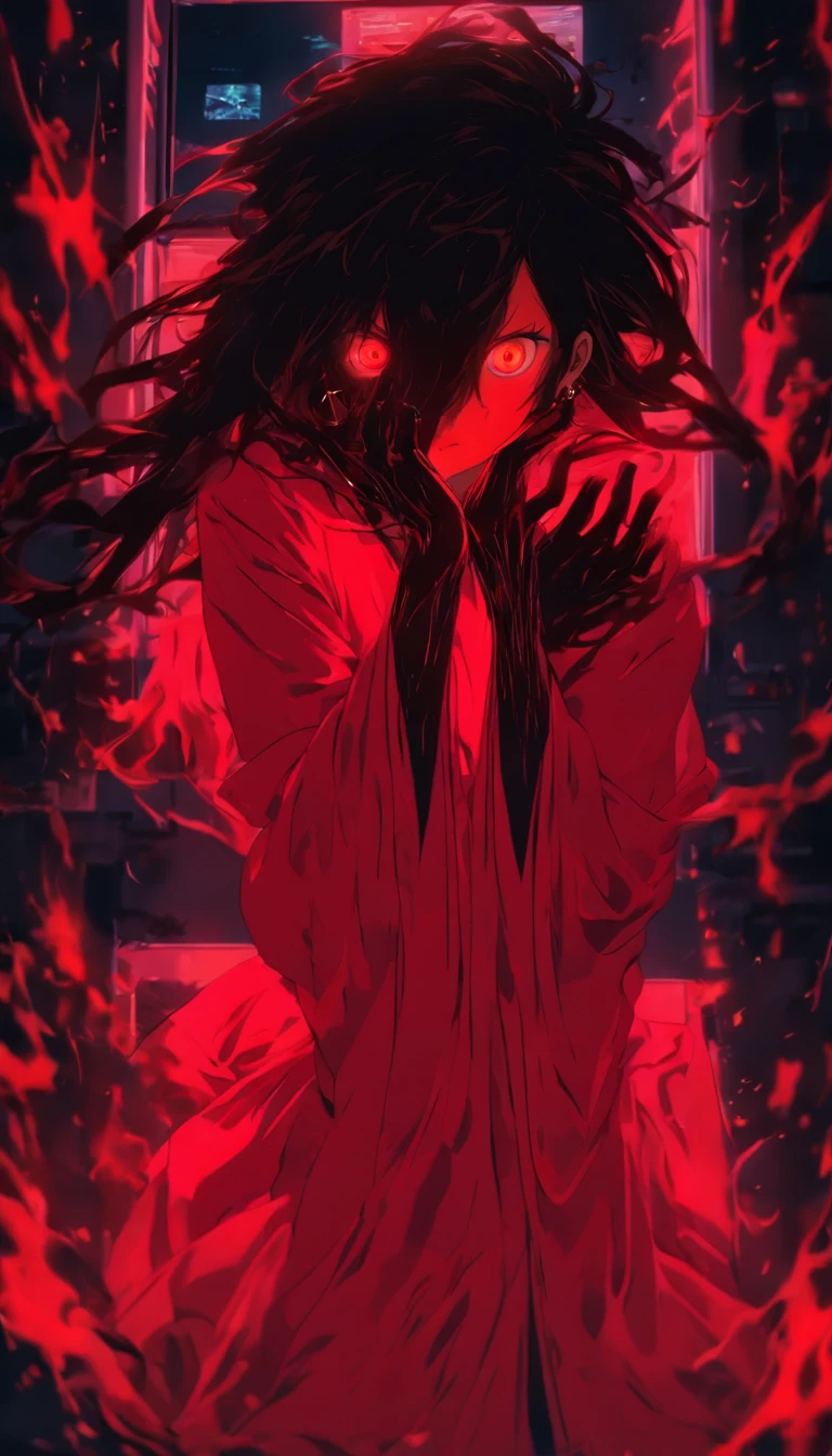 Blood red room, Flashing TV screen, 1girll, cabelos preto e longos, with hair dishevelled, Cover one eye and face, Bright red eyes, Wearing a white transparent robe, Looming full breasts, Half of the body is stuck on the TV screen, reaching out her hands,Straighten your body, Red nails are exposed, Pinch the camera, hyper HD, Anatomically correct, Textured skin, Super detail, High details, High quality, A high resolution, 8K, hyper HD, Anatomically correct, Textured skin, Super detail, High details, High quality, Best quality, 8K,Leishnampo,Room 2,Horror