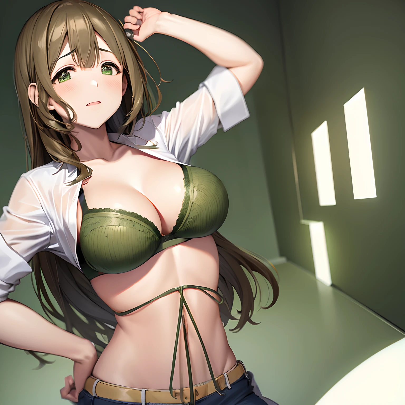 (((Green bra)))、Open Shirt、get angry、a room、((Brown hair))