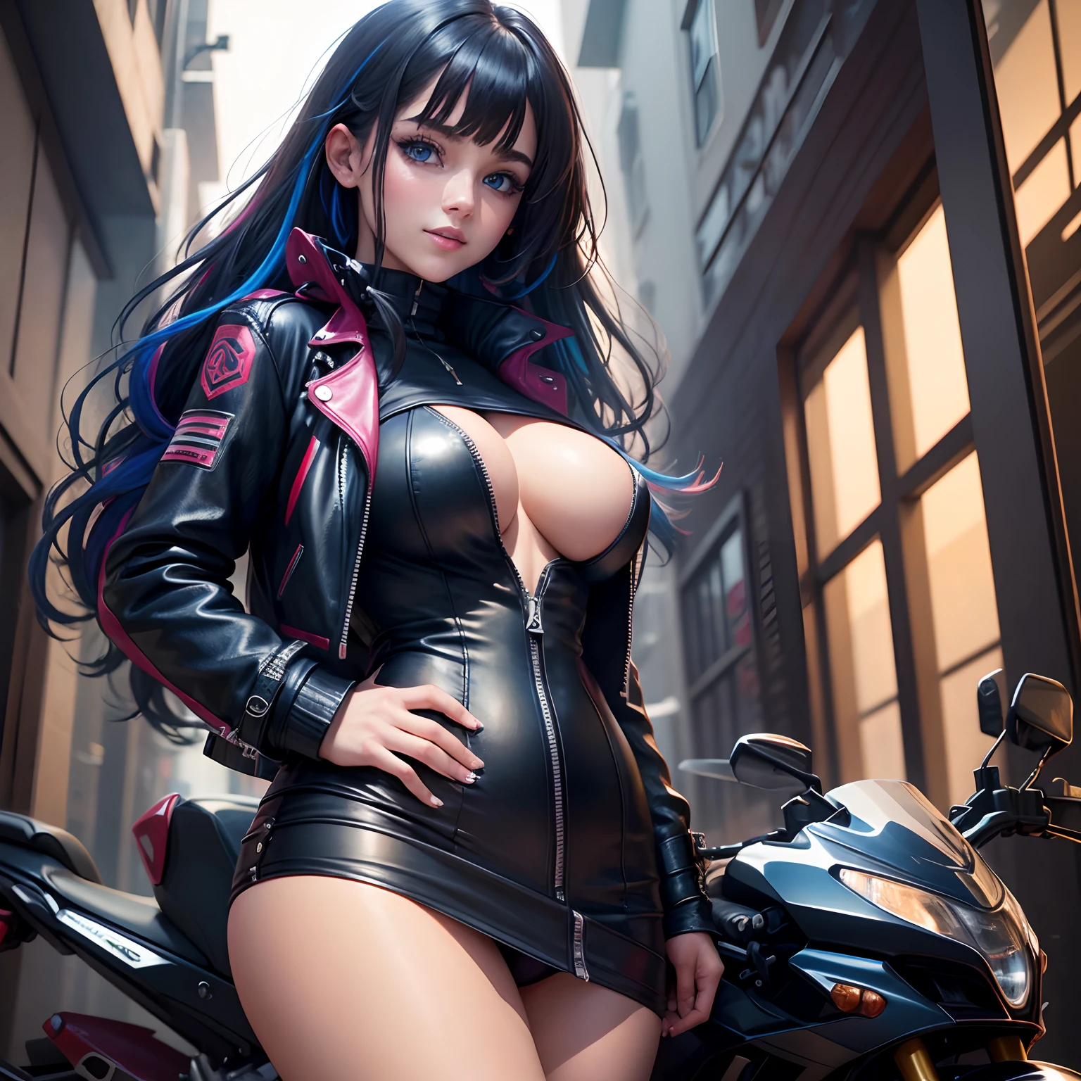 leather jackets,realisitic(1.2),hyperdetailed face,harems,Multiple Girls,Excellent style,huge tit,Beautie,blue eyess,girl with,multicolored hair,top-quality,masterpiece,a smile,Beautiful girls,超A high resolution,girl,I'm pulling down my bangs,a beauty girl,