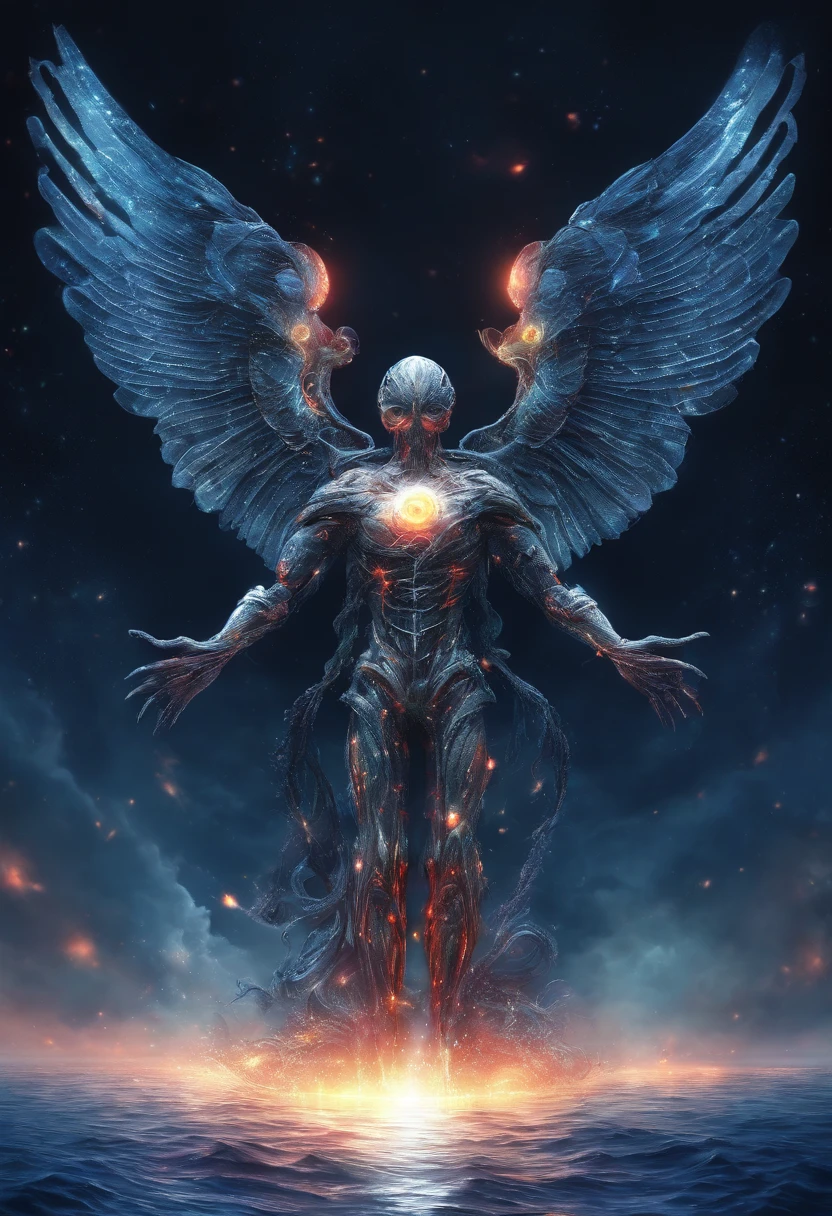 Cosmic Fallen Angel, glowing light eyes, Biomechanical, eerie, Creepy, nightmarish, Very bright colors, Light particles, with light glowing, Mshiv, wallpaper art, UHD wallpaper
