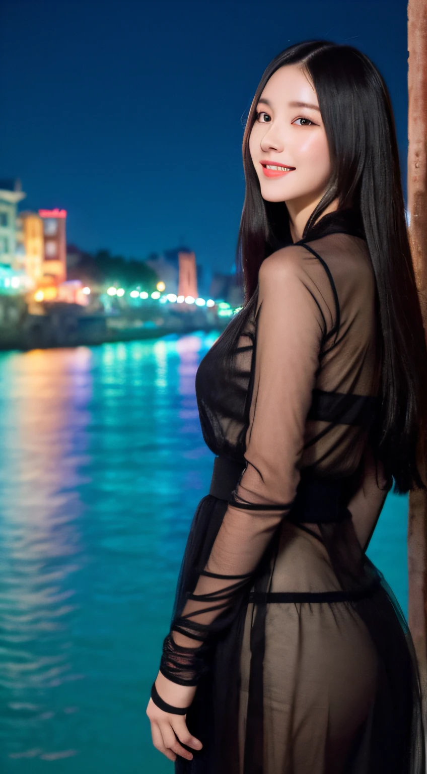 realistic, photorealistic, masterpiece, best quality, dark shot, 1girl, solo, smile, looking at viewer, long black hair, ([:see-through:4]:1.2) cns_dress, standing by a river, dynamic pose, (china jiangnan water town style:1.1), water, colorful, incredible beautiful sky, netural lighting, dynamic Angle, vivid colors, neon, moon