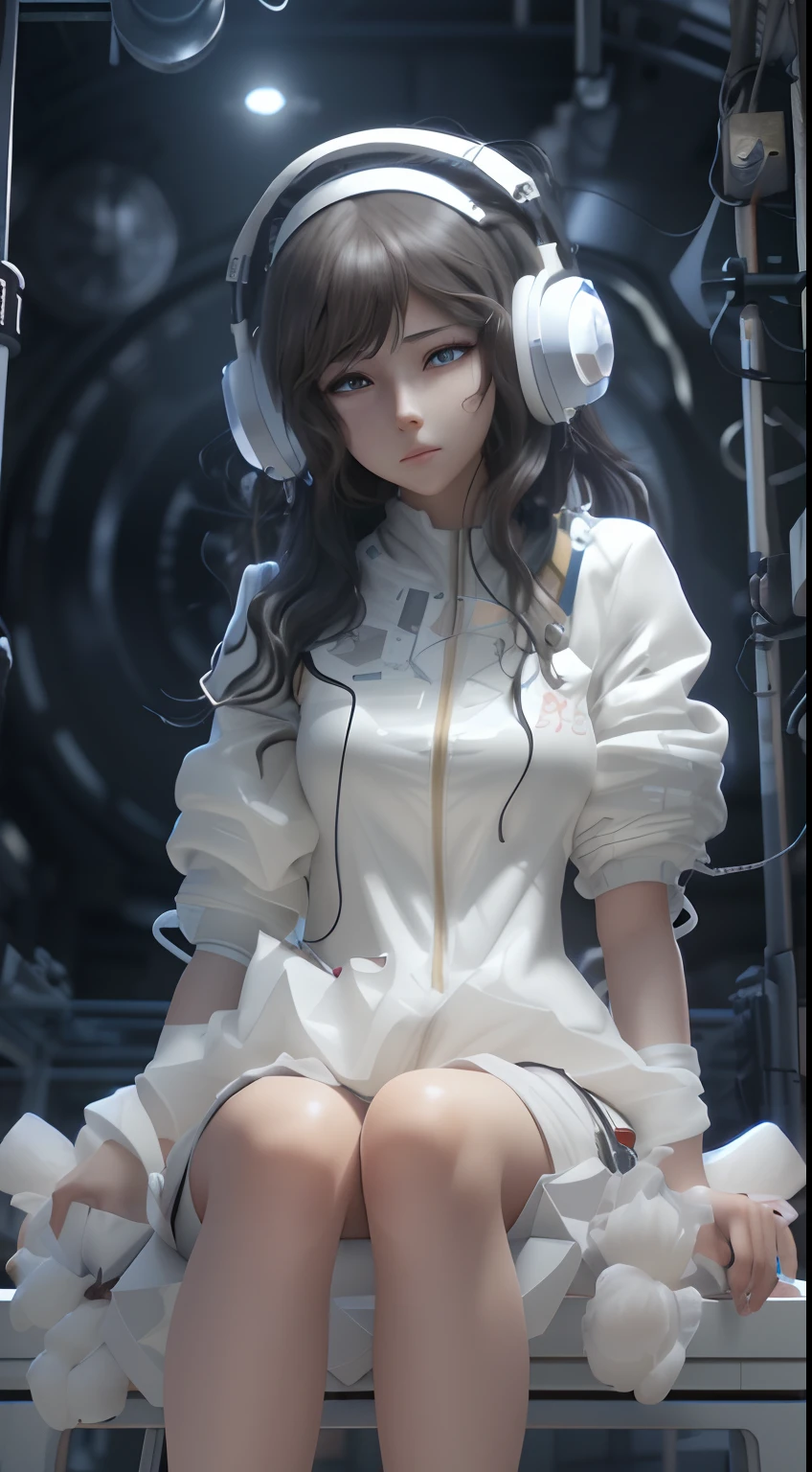 There was a woman wearing headphones in a wheelchair, Guviz-style artwork, High quality detailed art in 8K, anime styled 3d, photorealistic anime girl rendering, 3d anime girl, Anime style. 8K, dreamy cyberpunk girl