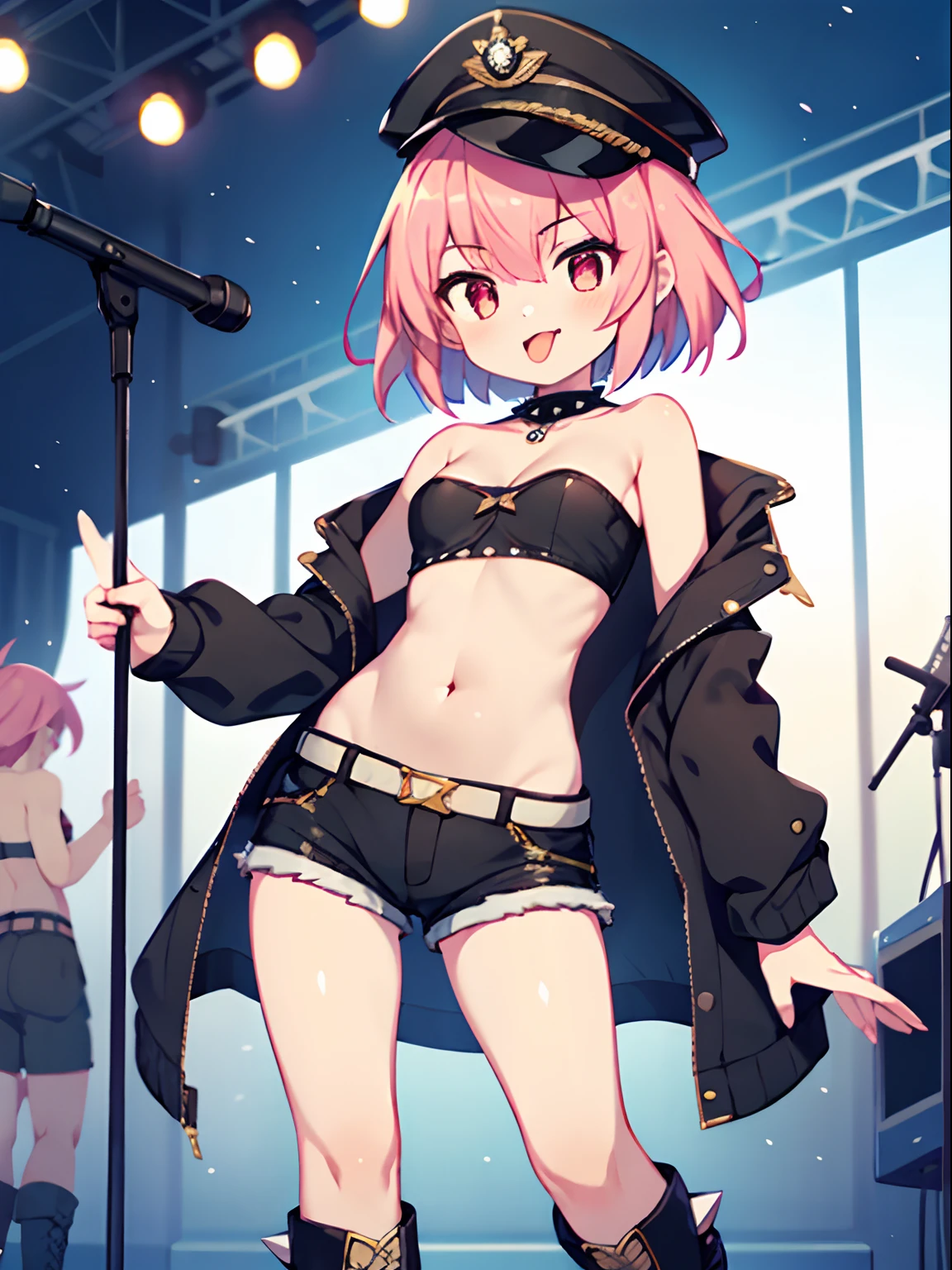 (kinako_(shiratama_mochi) style, ((topless)), nsfw, masterpiece, 1 girl, solo, erect nipples, sweaty, wet body, hair ornaments, intricately detailed, chain belt, navel, latex shorts, fishnet leggings, multicolored hair, black hair, pink, live band, live perfornance, idol, live stage, spotlight, stage light, extremely detailed, bare breasts, puffy nipples, purple eyes, vtuber, bare stomach, sweaty, medium breasts, arm strap, cowboy shot, microphone, singing, open mouth, short hair, cg masterpiece, cowboy shot, smiling