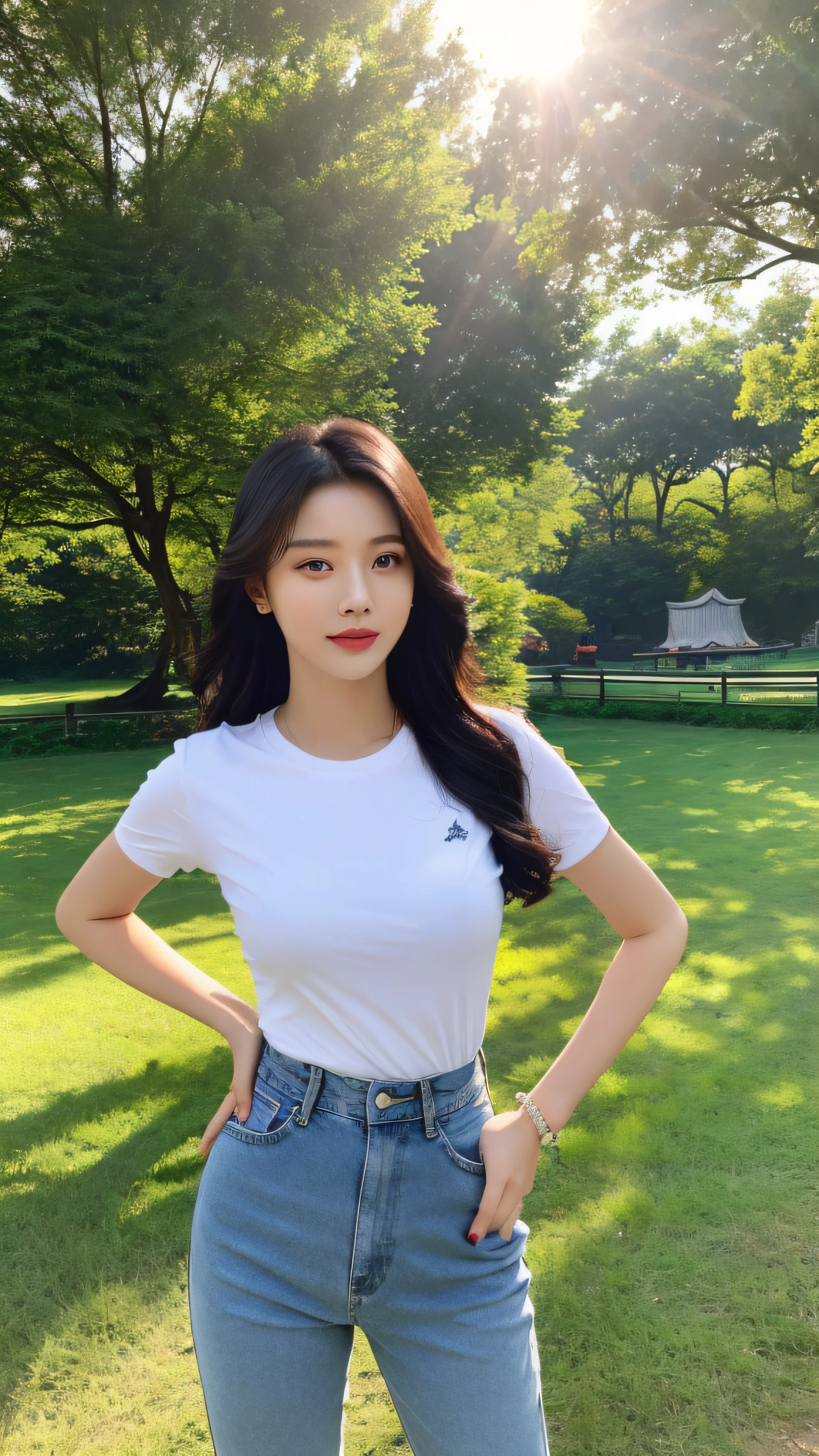 ChineseGirl,denim pant,whitet-shirt,Park background,rays of sunshine,8K high-definition,Movie shooting details