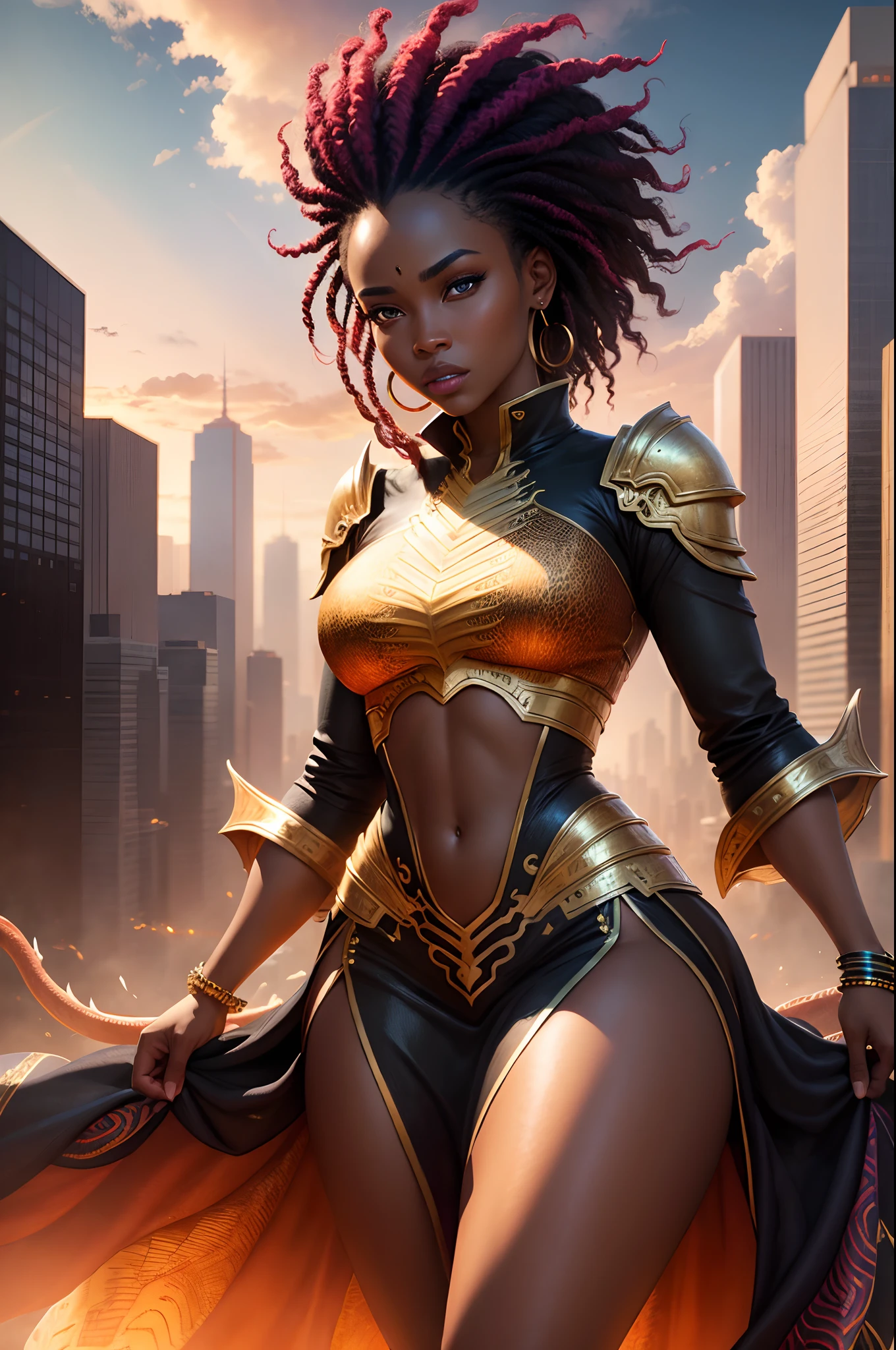 A black woman wearing african designed clothes riding a fierce fire breathing dragon above an african city, bright day shining beautifully, with iridescent light, hyper-realistic image, 32k, ultra HD, cinematic lighting, artgerm style, highly detailed images, vibrant and beautiful colours,