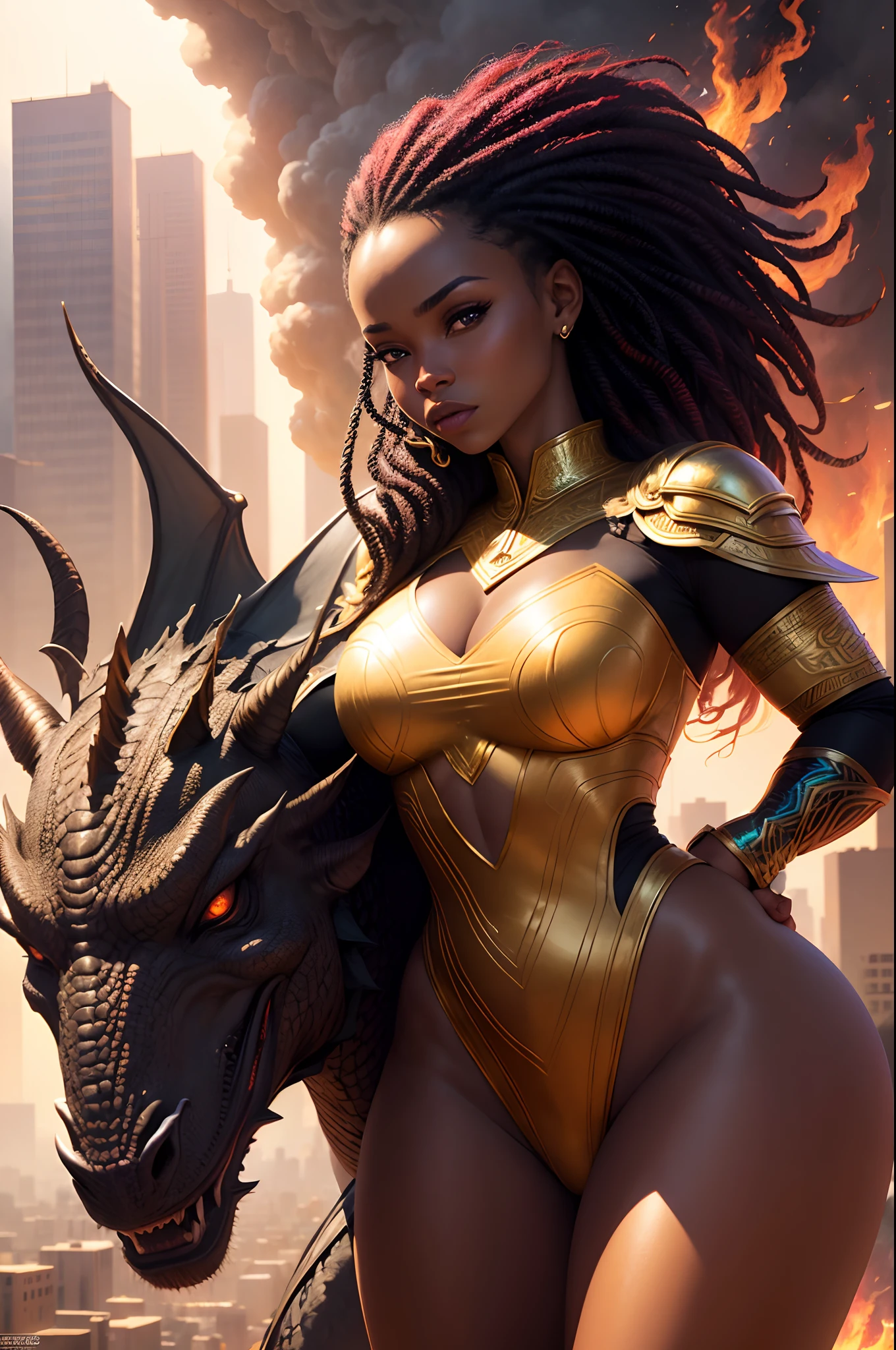 A black woman wearing african designed clothes riding a fierce fire breathing dragon above an african city, bright day shining beautifully, with iridescent light, hyper-realistic image, 32k, ultra HD, cinematic lighting, artgerm style, highly detailed images, vibrant and beautiful colours,