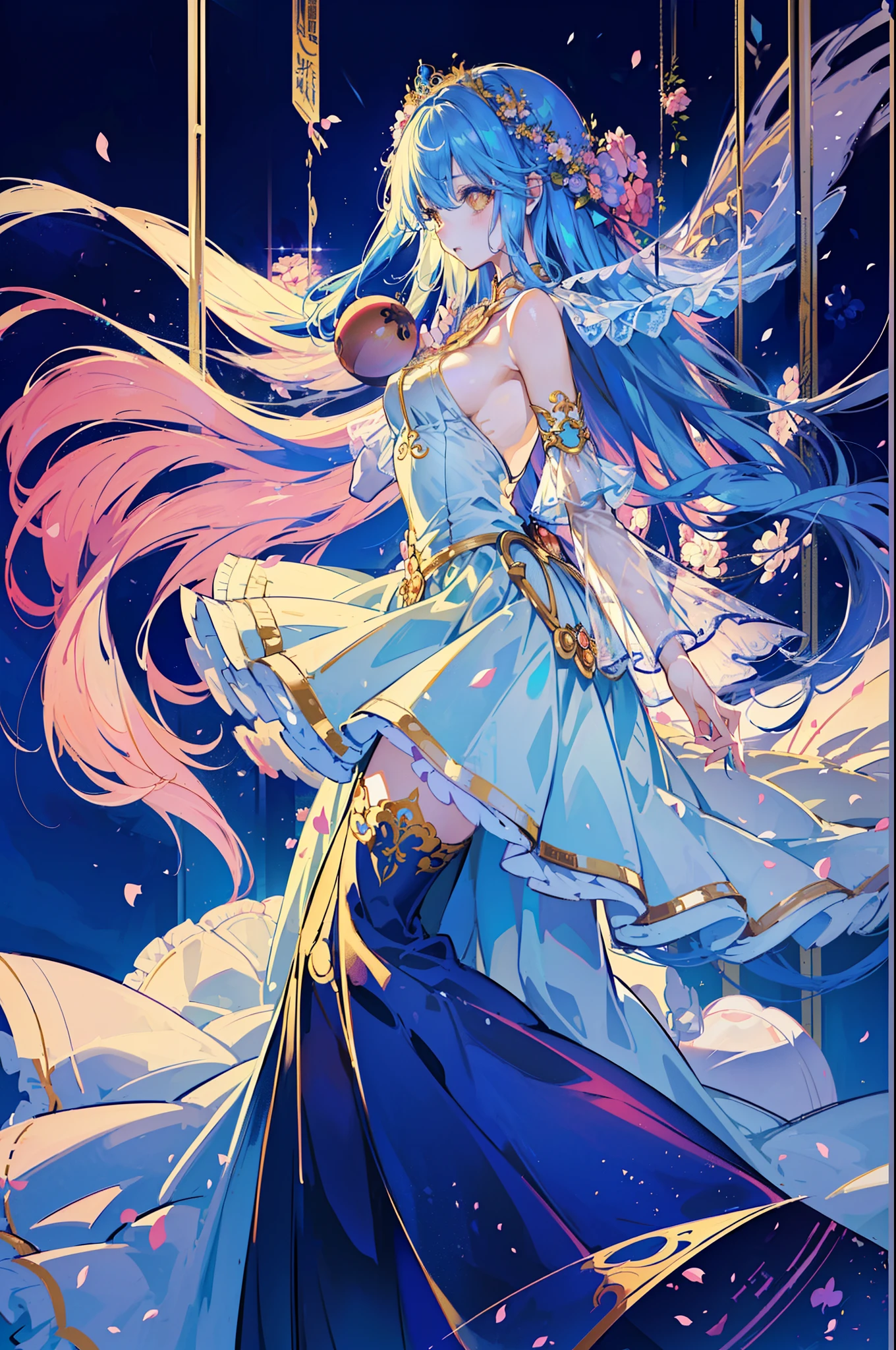 ((anime moe art style))、((masterpiece))、(top-quality)、(super detailing)、illustratio、(((extremely delicate and beautiful)))、dynamic ungle、Look at viewers、(((独奏))))、((full bodyesbian))、((One cute princess in a gorgeous ball gown))、((Full-length hoop skirt))、(Very long hair)、(medium chest circumference)、Voluminous ball gowns、