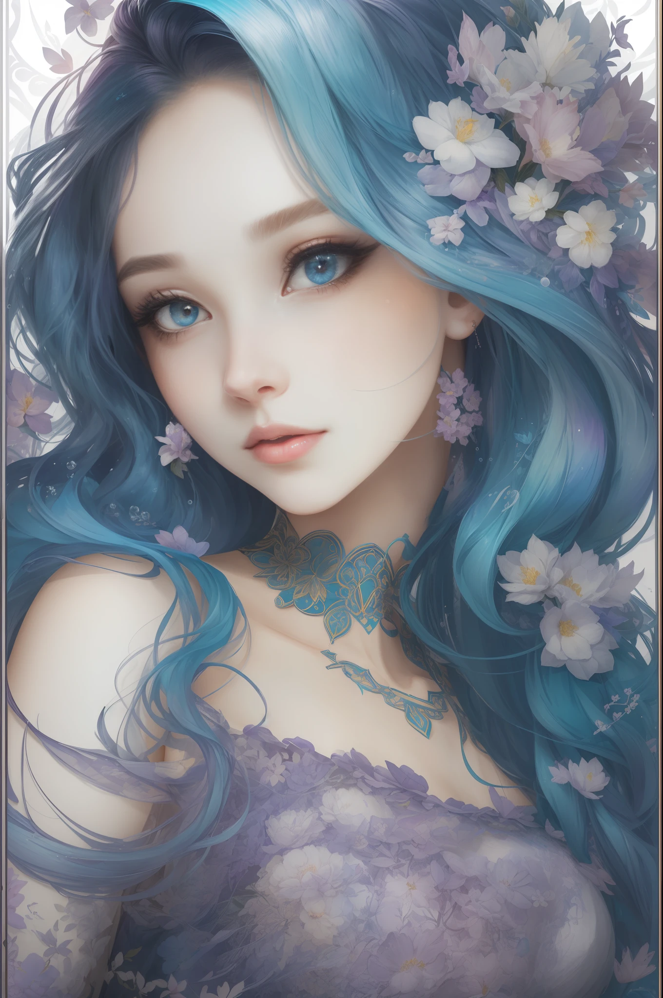 ((Gorgeous 18-year-old princess)),(She has long flowing blue-purple hair),(Bright and beautiful eyes),trendding on artstation,Flowers of hope,ultra-detailliert,insanely details, Amazing, complex, elite, Art Nouveau, a gorgeous, Dreamy,Liquid wax, elegant, Luxurious, Ink style, a sticker, Vector art beautiful character design, Dual exposure shooting, Luminous design, winning artwork, tmasterpiece, AMOLED black background,optic
