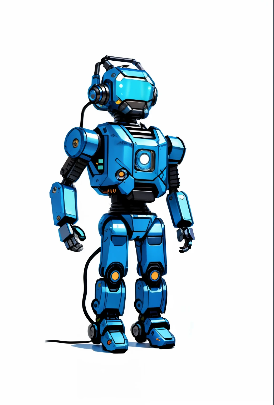 There is a blue robot standing with a light on, large robot, Robot Chappie, Concept Robot, The robot, ((The robot)), Humanoid Servo, Tin Toy Character Design Robot, Mechanical robots, The robot, Friendly Humanoid Cyber Robot, Humanoid robot, machinery, Posing like a robot, Robot Concept Art, SD Character, cute little,
