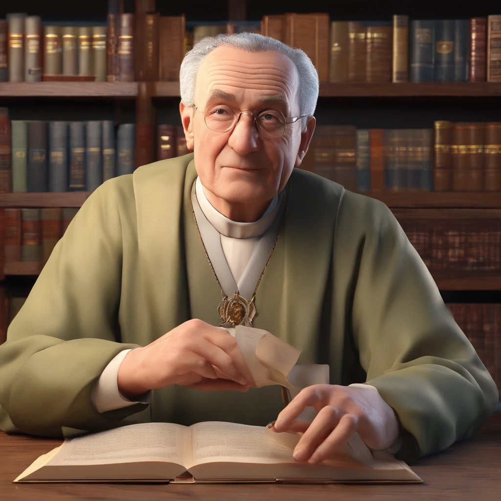Photo of a 75-year-old man, Beautiful brunette priest, Look forward and sit, Light brown eyes, Wavy hair, Very imposing, Features of safety and elegance,(hypnotic), Very detailed face, Beautiful eyes, [body fitness],Holding a book，Behind the bookshelf, Lovely,  (Rembrandt lighting), ZEISS lens, Ultra photo realsisim, (Highly detailed skin: 1.2), 8K  UHD, Digital SLR, Dramatic Rim light, High quality, Fujifilm XT3,
