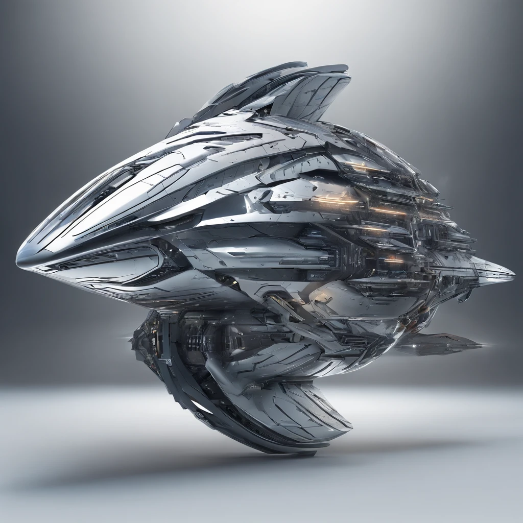 Spaceship design with metal fish appearance, plastic, its design has beautiful and delineated delta wings curved downwards in a futuristic 12K way