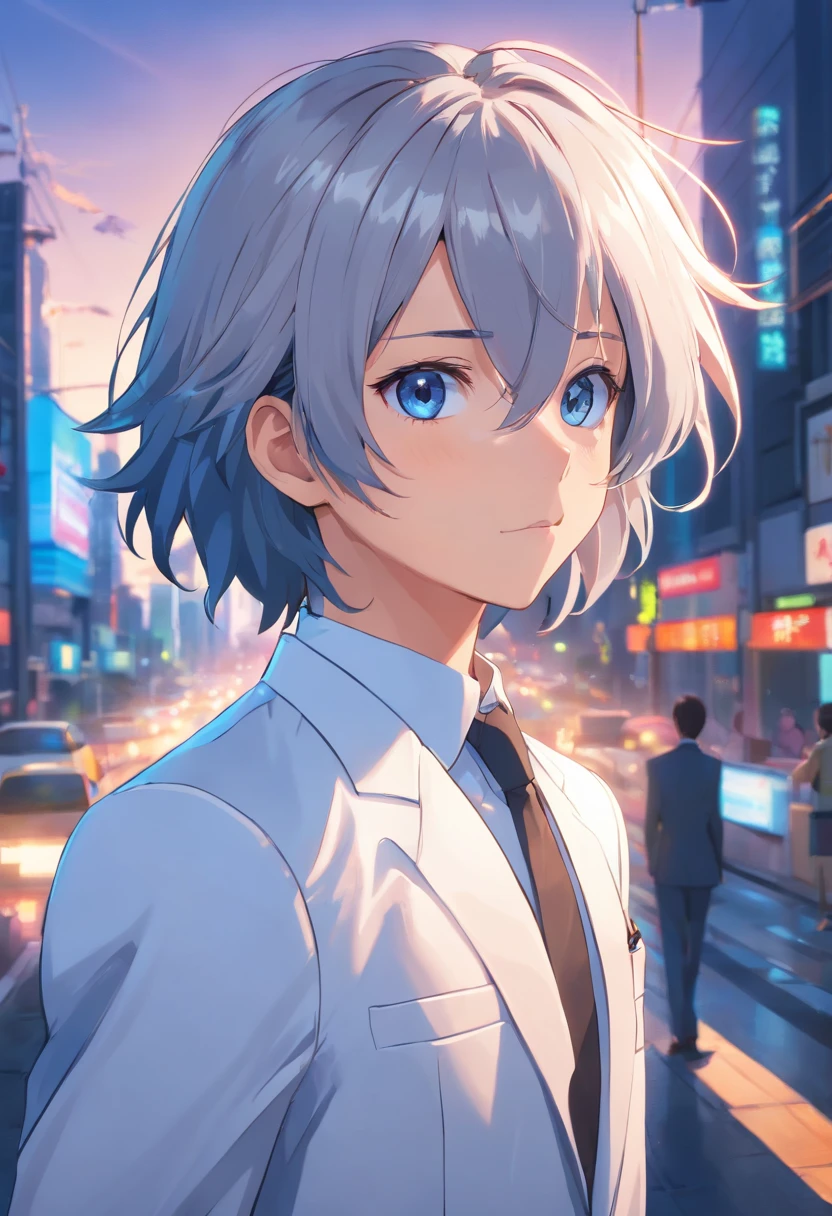 (A high resolution,Masterpiece:1.2),A man with short gray hair, (Dark blue eyes),(imposing presence),(Wearing a white suit), (Detailed facial and facial features), (Sharp focus), (Realistic lighting), (Vivid colors),(Photorealistic),(Portrait),(Mature and noble appearance。)