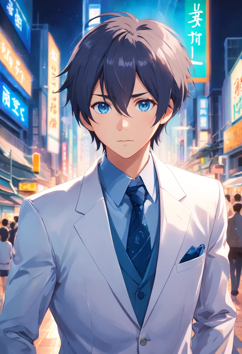 (A high resolution,Masterpiece:1.2),A man with short gray hair, (Dark blue eyes),(imposing presence),(Wearing a white suit), (Detailed facial and facial features), (Sharp focus), (Realistic lighting), (Vivid colors),(Photorealistic),(Portrait),(Mature and noble appearance。)