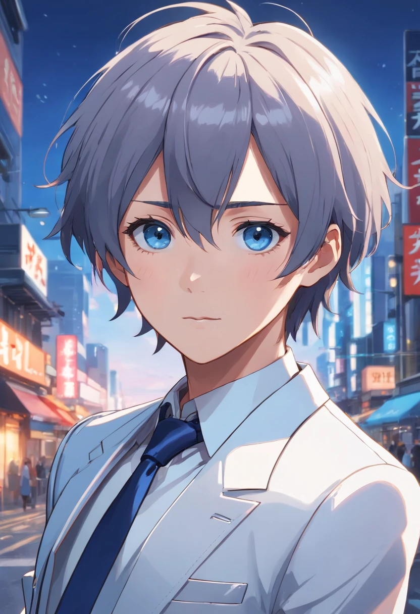 (A high resolution,Masterpiece:1.2),A man with short gray hair, (Dark blue eyes),(imposing presence),(Wearing a white suit), (Detailed facial and facial features), (Sharp focus), (Realistic lighting), (Vivid colors),(Photorealistic),(Portrait),(Mature and noble appearance。)
