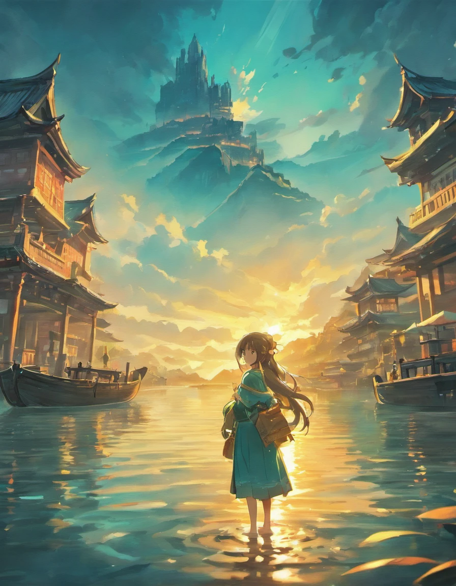 Draw boats in a lake with mountains and sunshine, dreamlike digital painting, fantasy digital painting, fantasy. gondola boat, Chinese style painting, digital cartoon painting art, glossy digital painting, Chinese painting style, Digital fantasy painting, 8k resolution digital painting, 8 k resolution digital painting, Fantasy landscape painting, A beautiful artwork illustration, 4 k digital painting