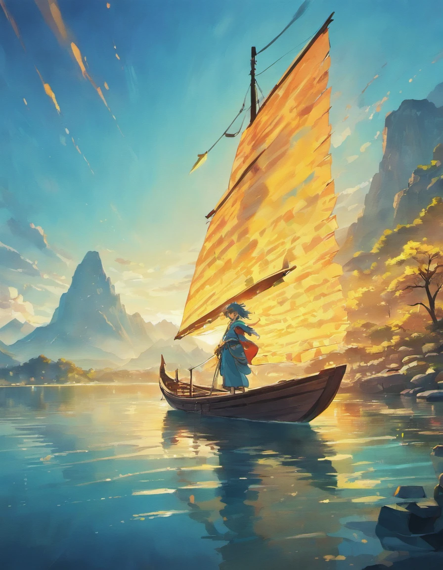 Draw boats in a lake with mountains and sunshine, dreamlike digital painting, fantasy digital painting, fantasy. gondola boat, Chinese style painting, digital cartoon painting art, glossy digital painting, Chinese painting style, Digital fantasy painting, 8k resolution digital painting, 8 k resolution digital painting, Fantasy landscape painting, A beautiful artwork illustration, 4 k digital painting