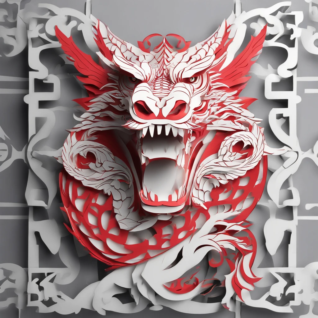 Flat paper cut style,contours,((chinesedragon)),Dragon,red colour,Clean cut,Paper,sharp-edged,Maximalism,Color blocking,((round form))
